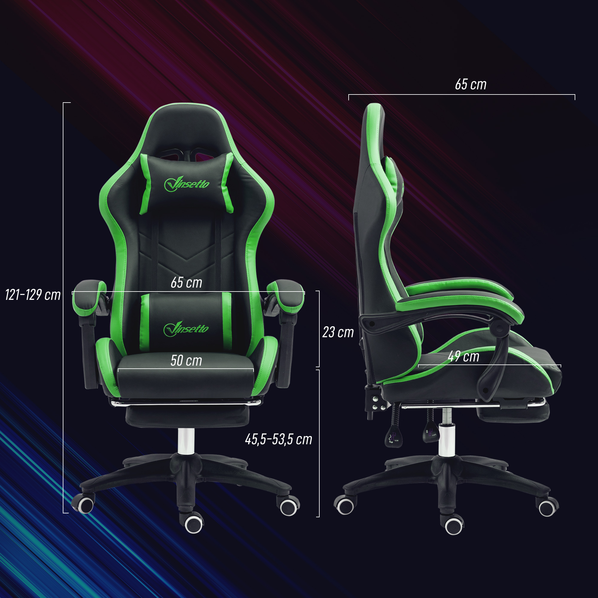 Una silla gamer negra con detalles verdes, vista frontal y lateral.