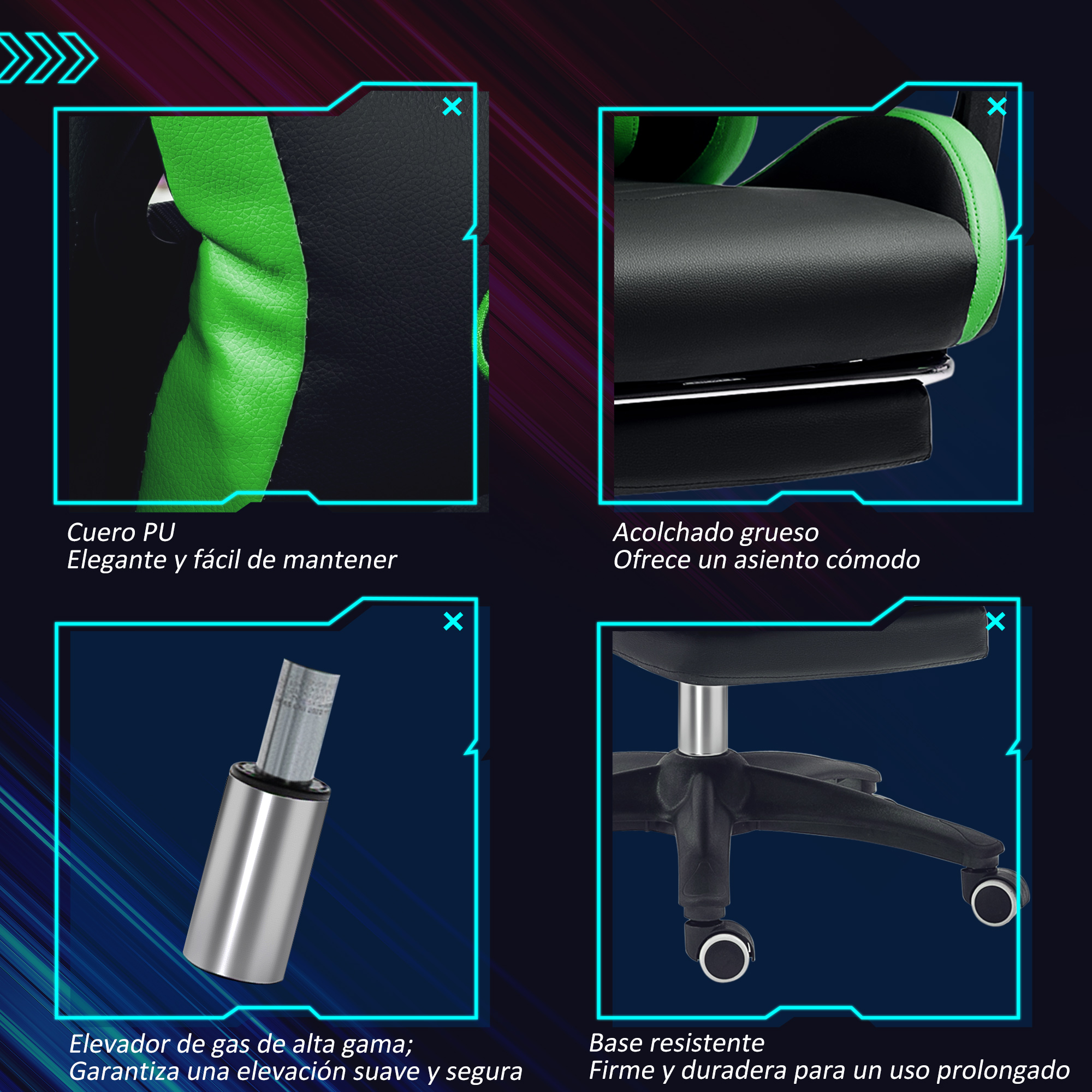 Primer plano de silla gamer negra y verde: cuero PU, acolchado, elevador de gas y ruedas.