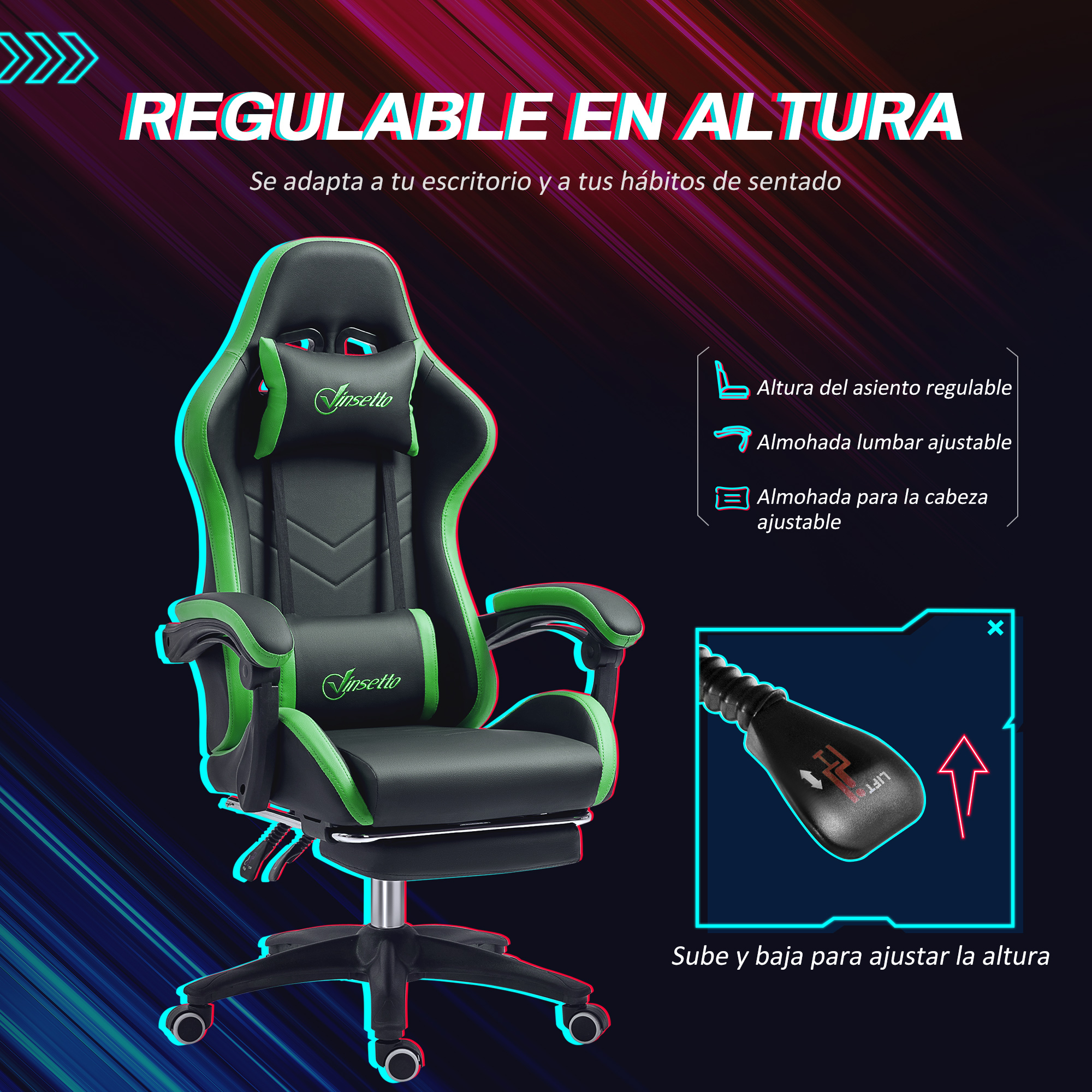 Silla gaming negra con detalles verdes, altura de asiento ajustable y cojines.