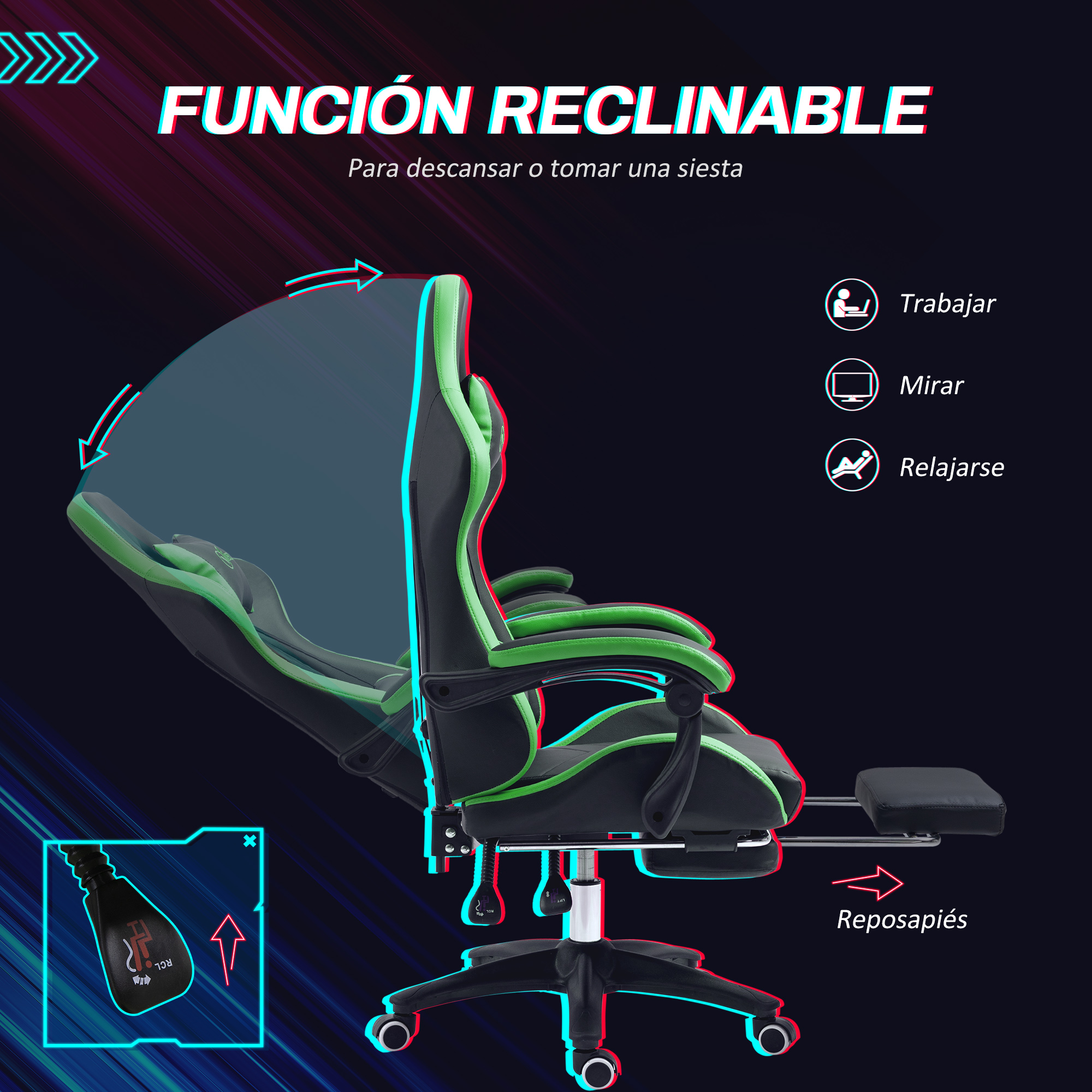 Una silla gamer negra y verde con reposapiés extensible y palancas de ajuste.