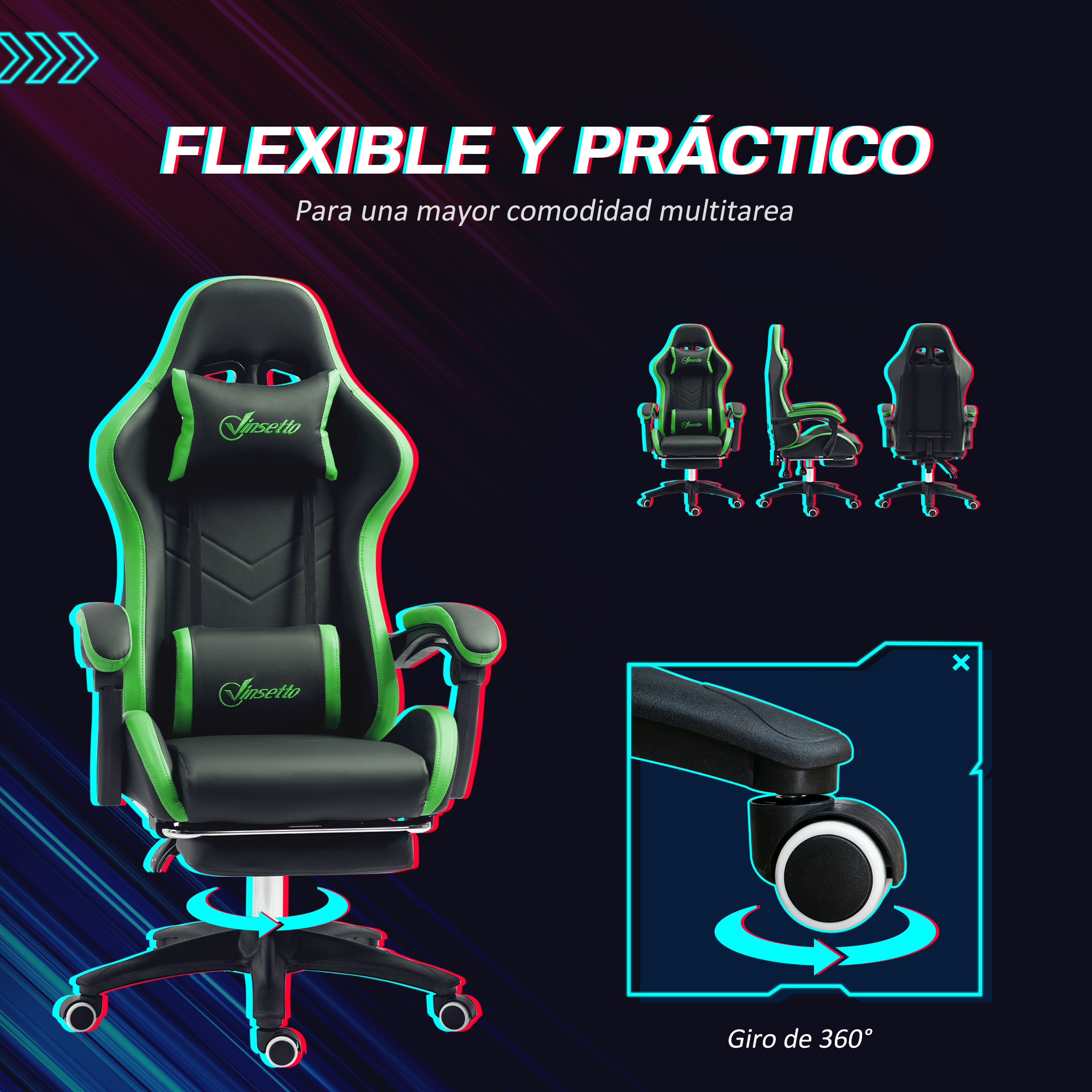 Silla gamer negra con detalles verdes, reposapiés y ruedas de 360 grados.