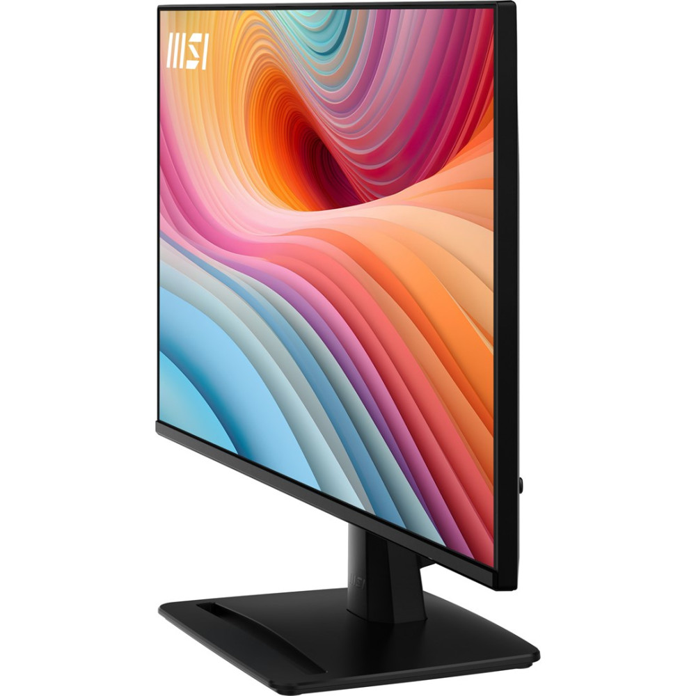 Czarny monitor MSI wyświetlający kolorowe, abstrakcyjne tło.