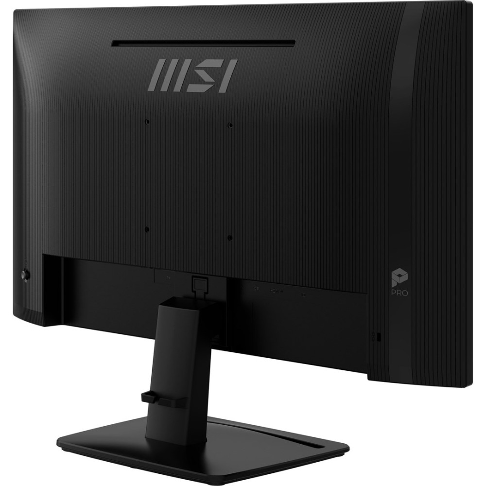 Tył czarnego monitora MSI z pionowymi rowkami i podstawką.