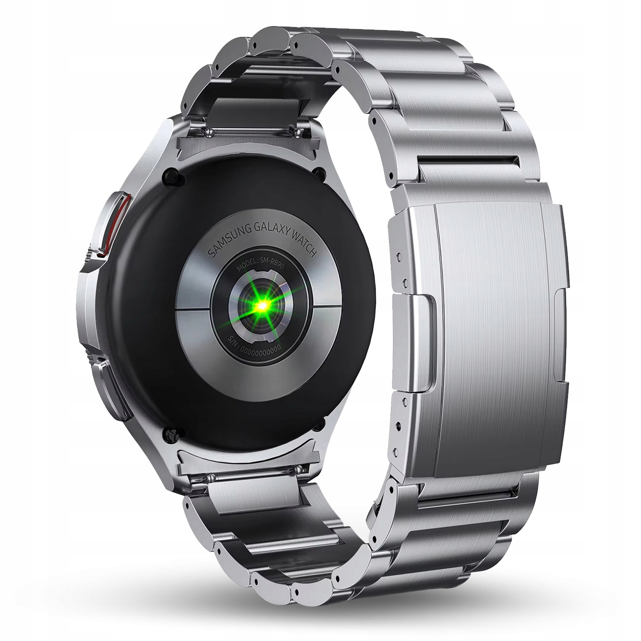 Tył srebrnego zegarka Samsung Galaxy Watch z zielonym światłem czujnika i metalową bransoletą.