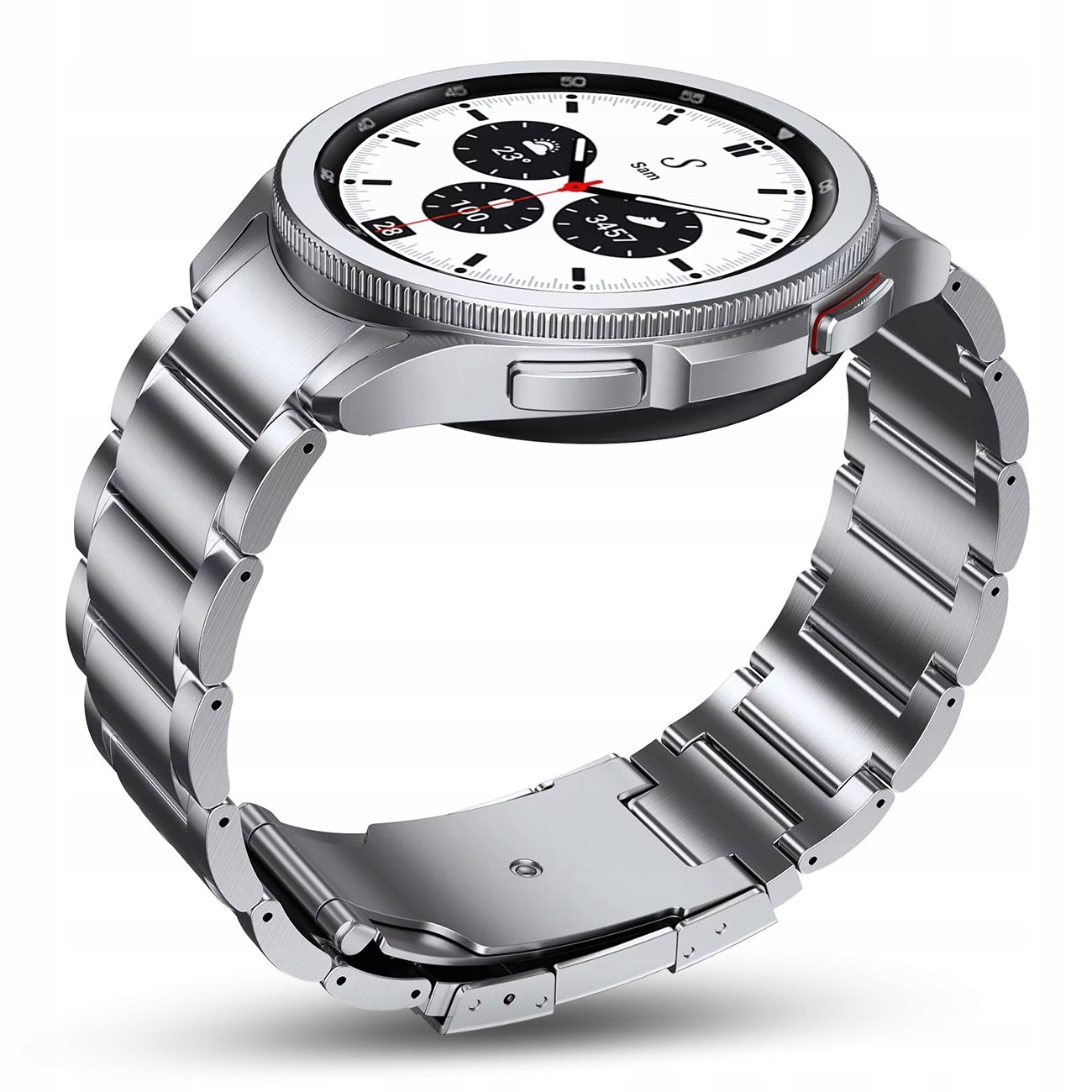 Srebrny smartwatch z metalową bransoletą i białym cyfrowym cyferblatem.