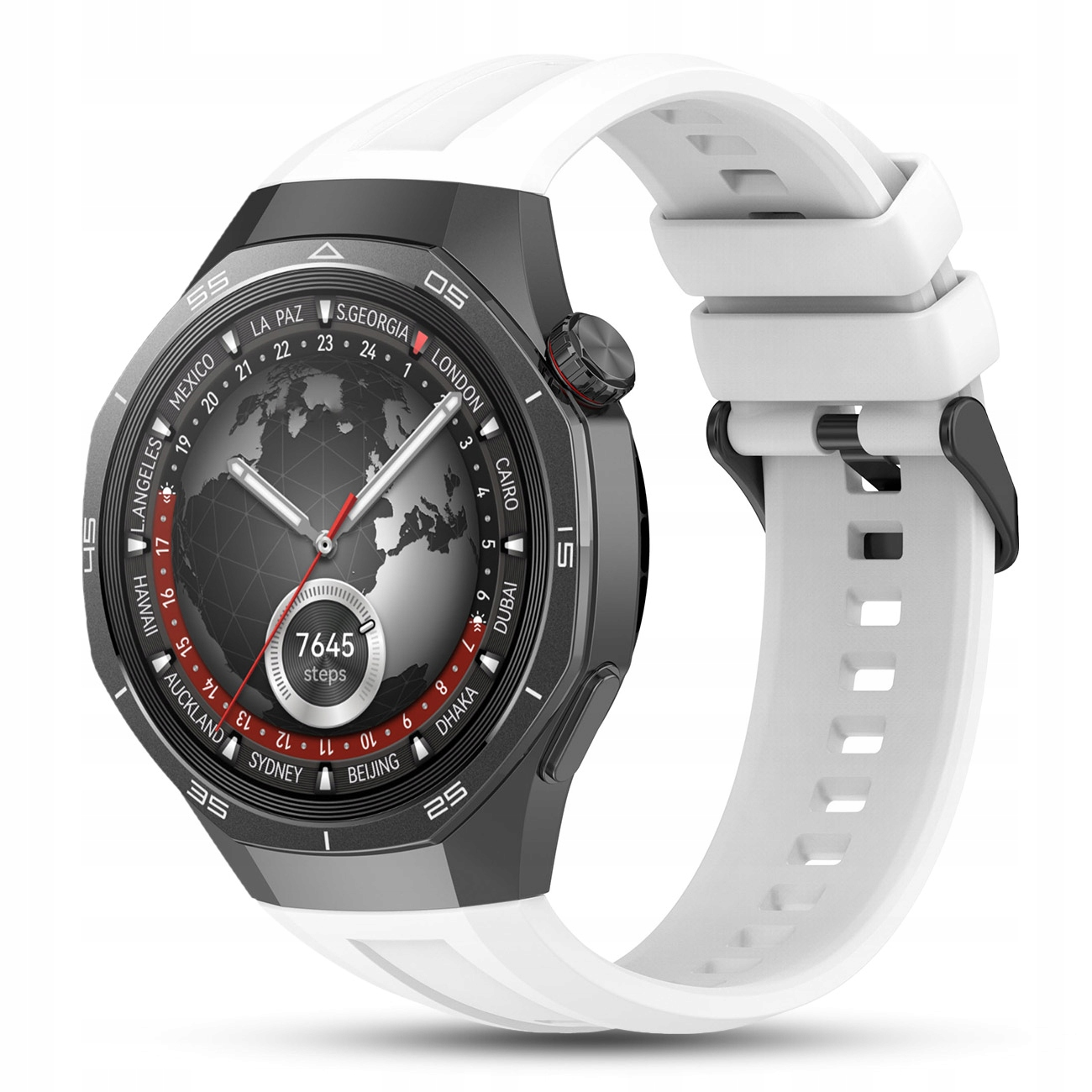 Biały smartwatch z czarną tarczą wyświetlającą mapę świata. Pokazuje 7645 kroków.