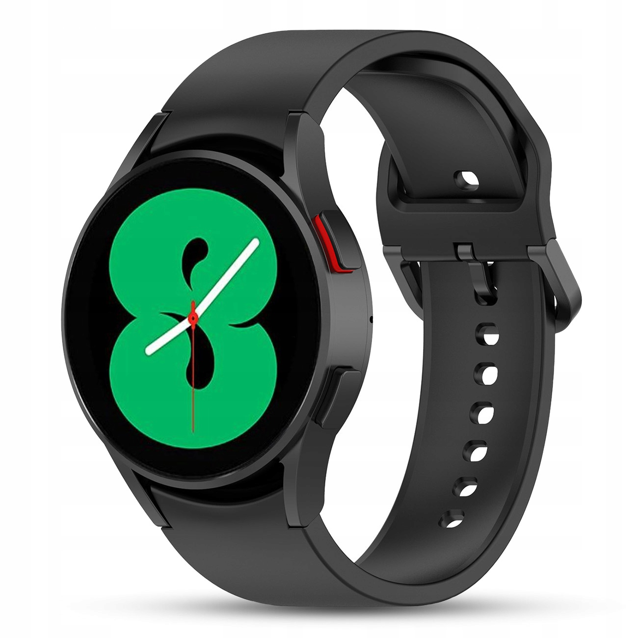 Czarny smartwatch z zielonym wyświetlaczem cyfrowym pokazującym cyfrę 8.