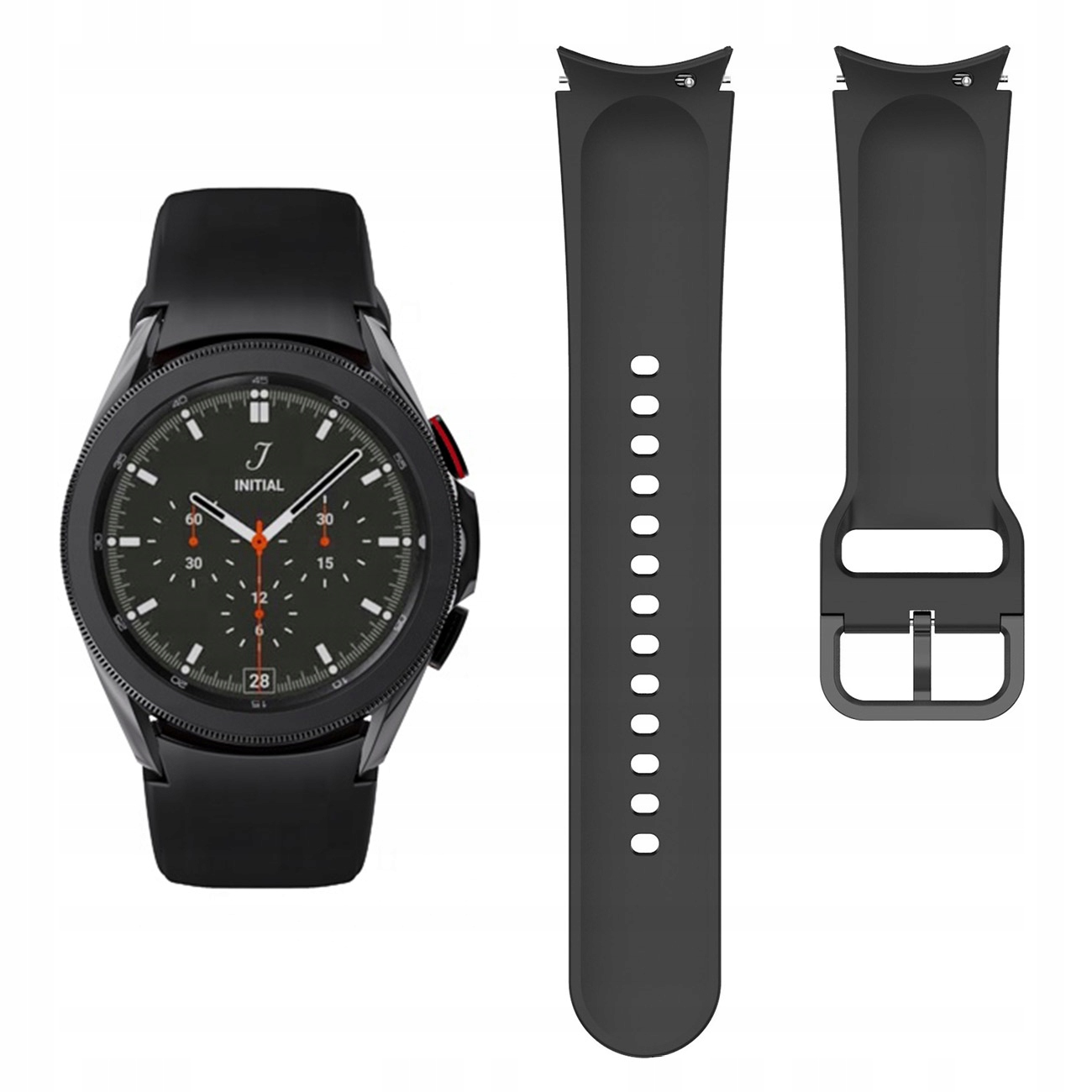 Czarny smartwatch z zieloną tarczą i dwoma czarnymi paskami na białym tle.