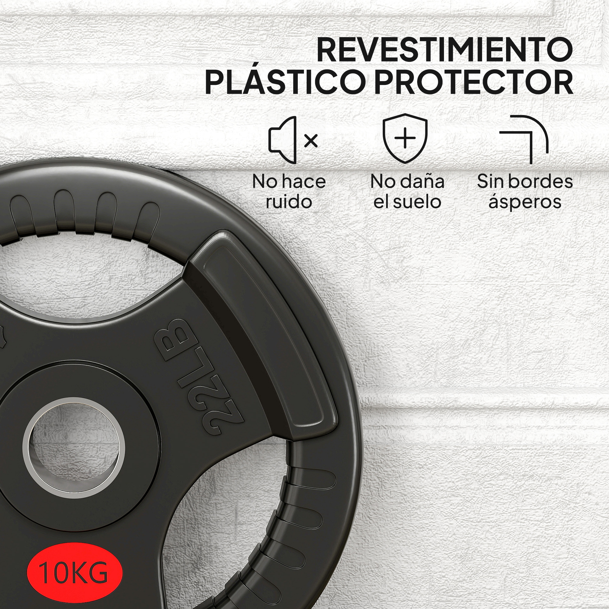 Disco de pesas negro de 10 kg y 22 lb sobre fondo blanco texturizado.