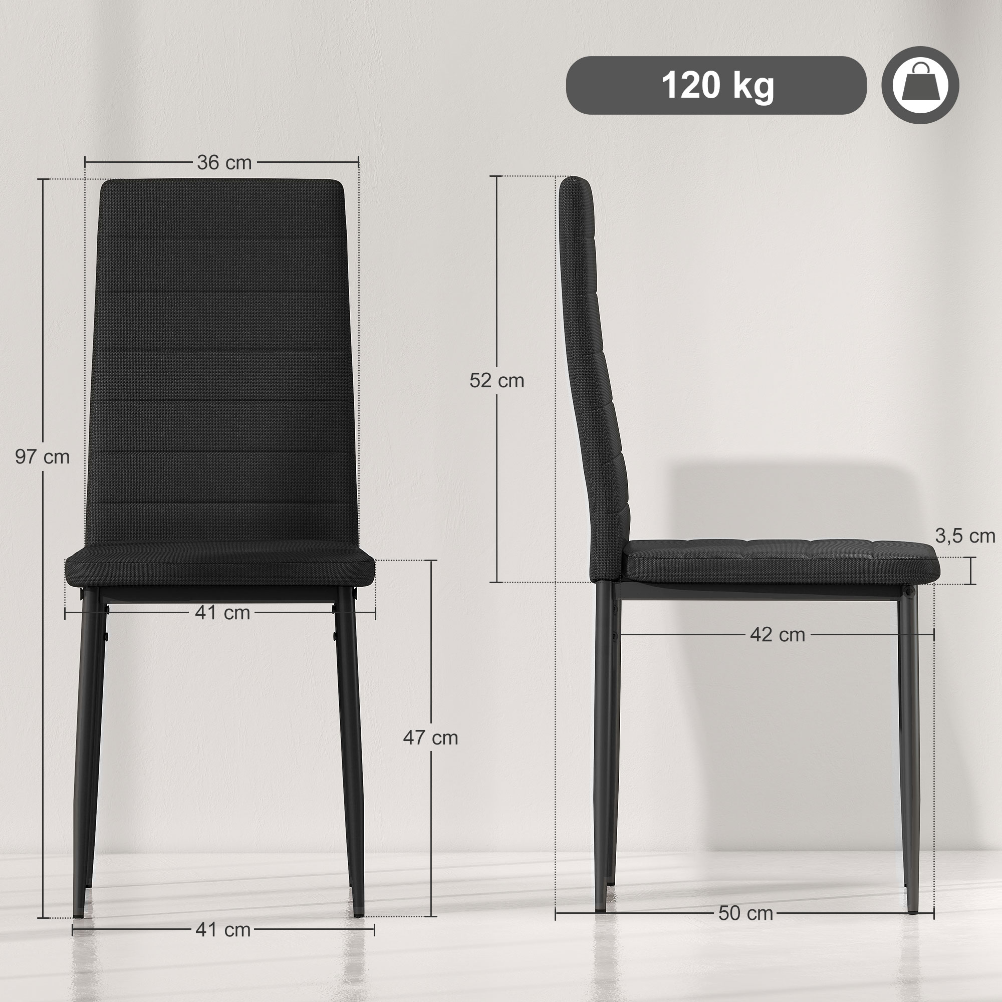 Silla negra con dimensiones: 97cm alto, 36cm ancho. Carga máx. 120kg.