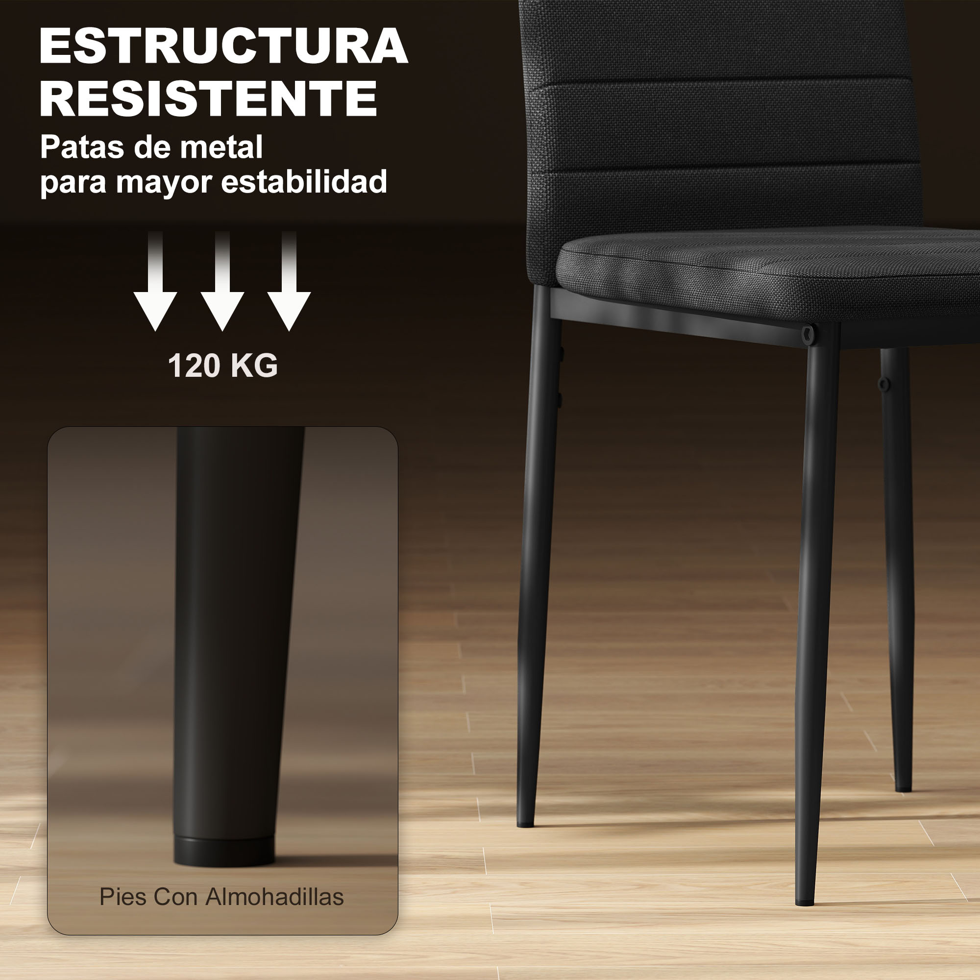 Una silla negra con patas de metal y asiento acolchado sobre suelo de madera.