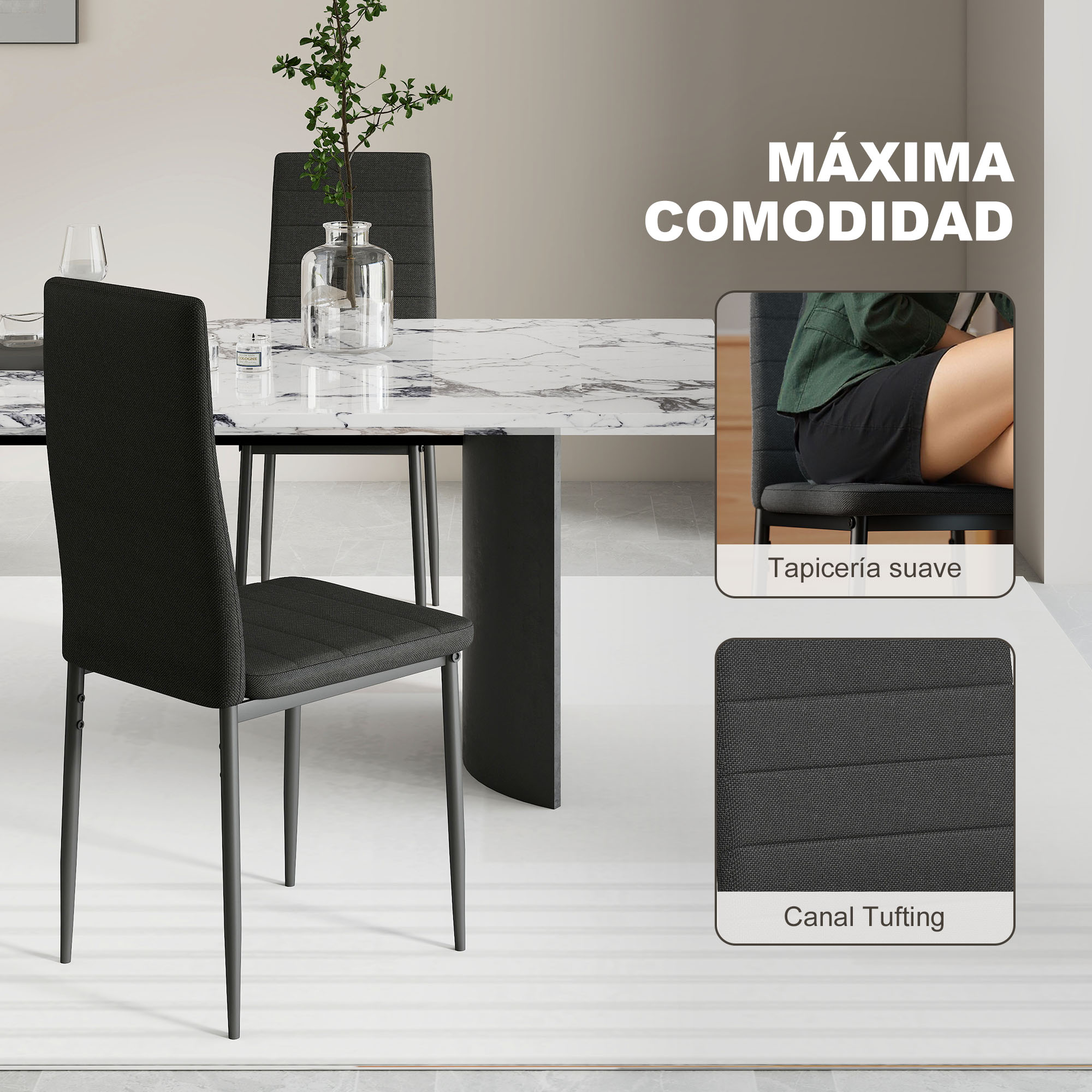 Un juego de comedor moderno con sillas negras y mesa de mármol. Primeros planos muestran tapicería suave y canalé.