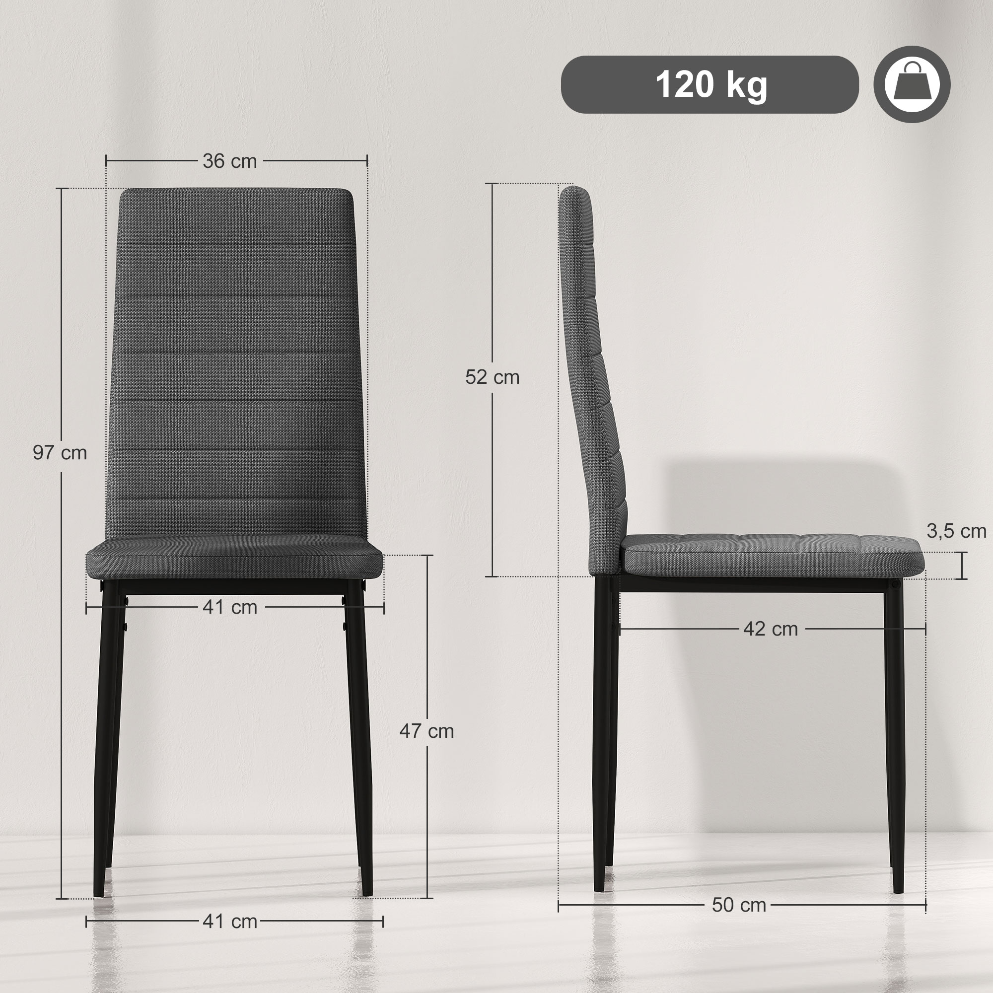 Vistas frontal y lateral de una silla tapizada gris con dimensiones.