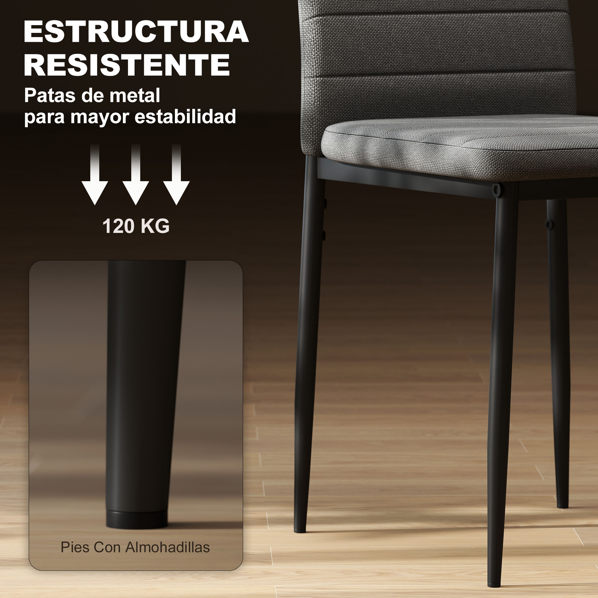 Silla con estructura metálica resistente, capacidad 120 kg, con pies acolchados.