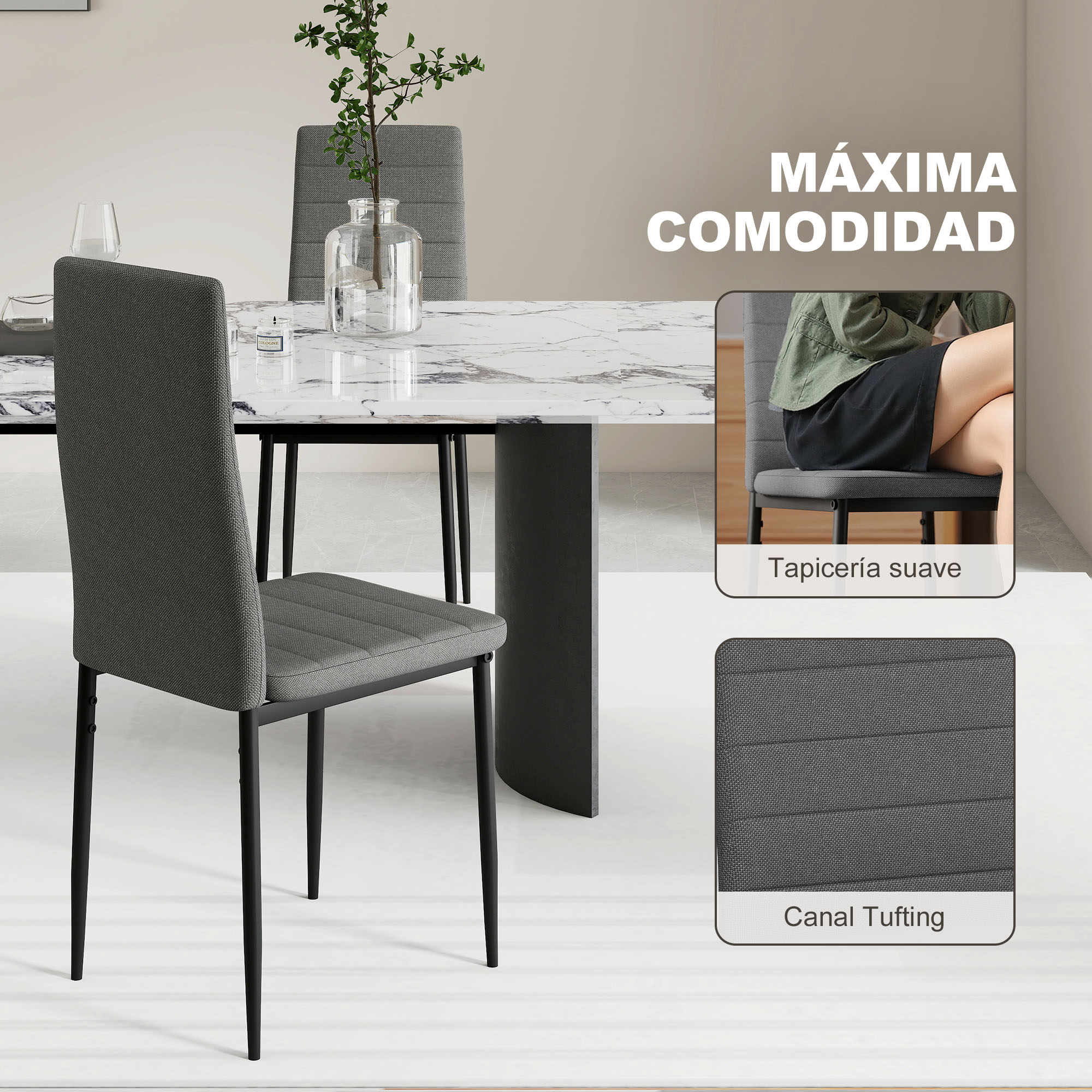 Silla tapizada gris con patas de metal negro junto a una mesa de mármol.
