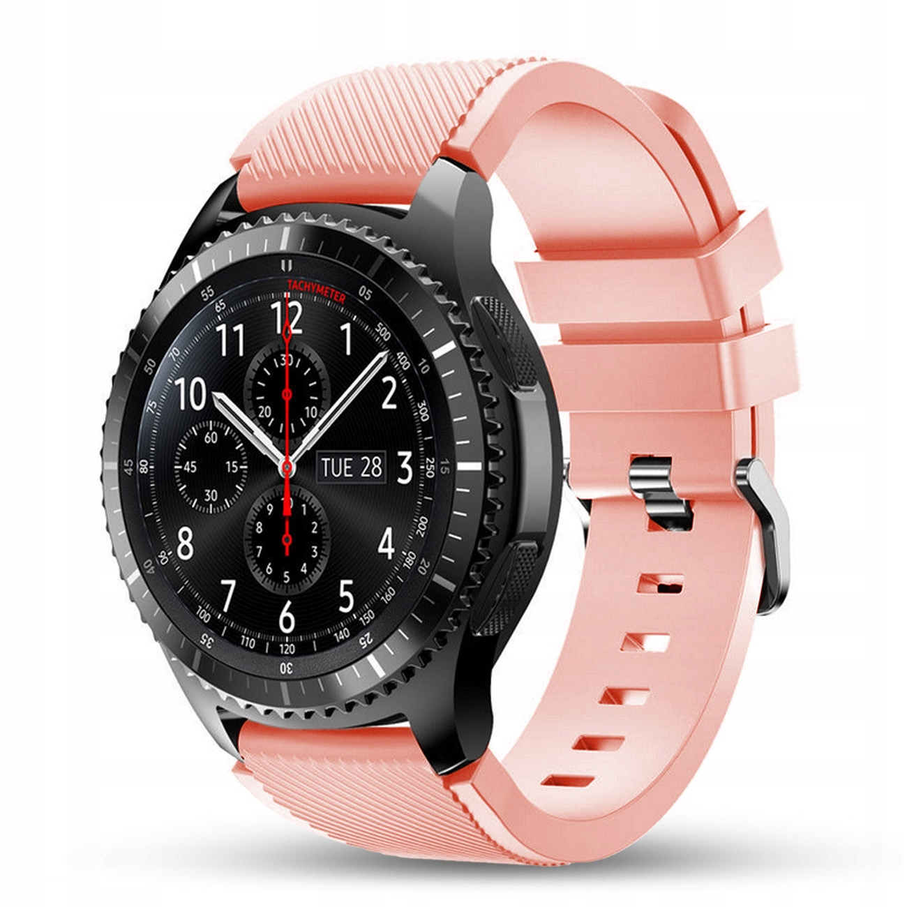 Różowy smartwatch z czarną tarczą i srebrnymi akcentami.