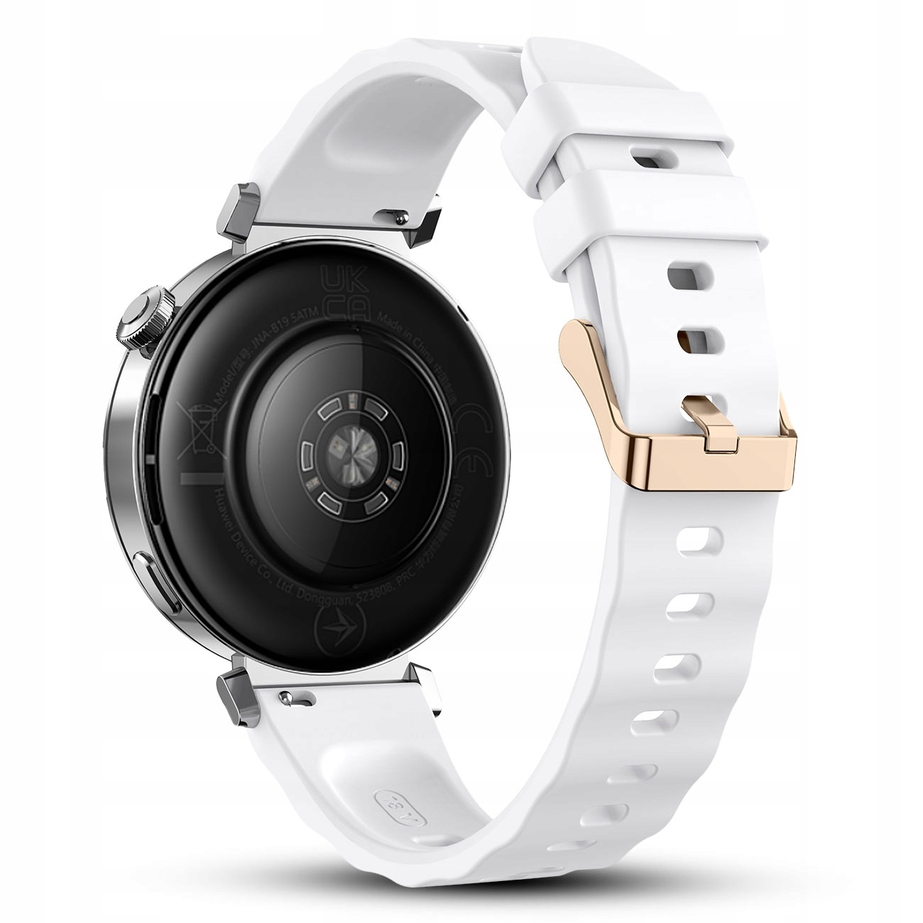 Biały smartwatch ze srebrną kopertą i klamrą w kolorze różowego złota.