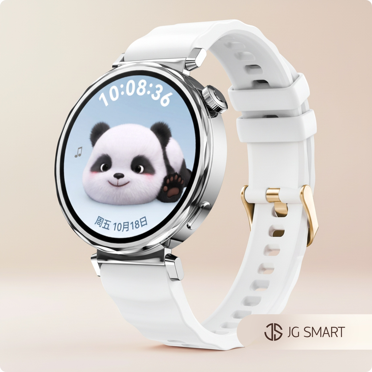 Biały smartwatch z tarczą pandy i złotą klamrą.