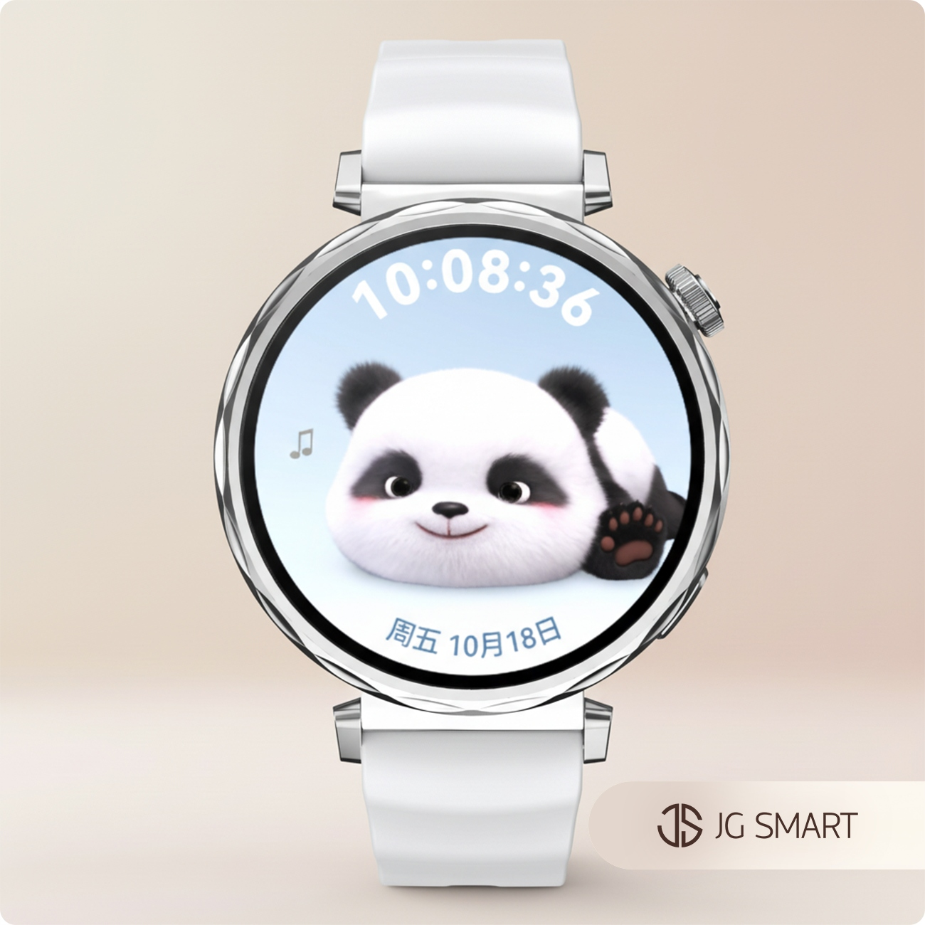 Smartwatch z uroczym pyszczkiem pandy na wyświetlaczu, godzina 10:08:36.