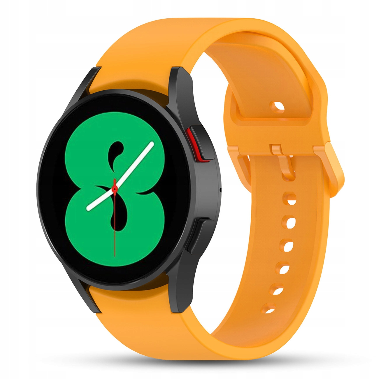 Okrągły, pomarańczowy smartwatch z czarną ramką i zielonym wyświetlaczem cyfrowym pokazującym cyfrę 8.