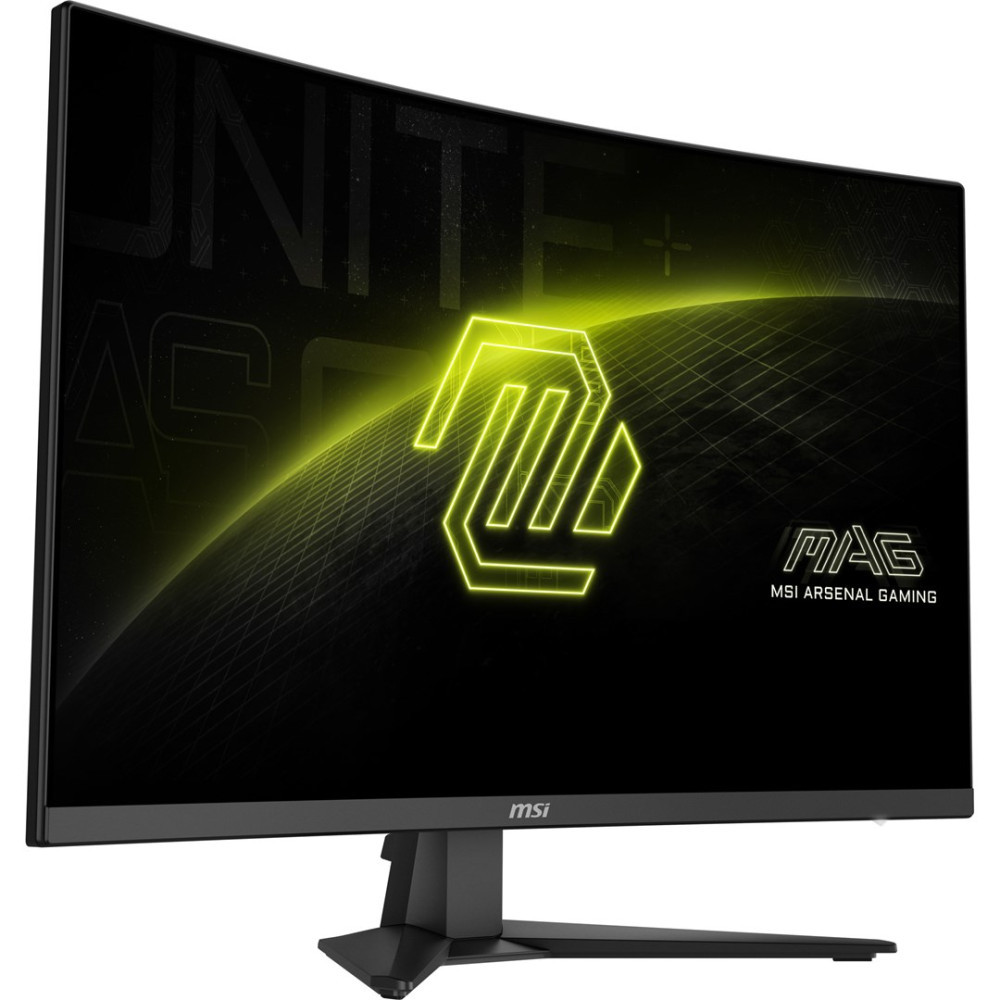 Zakrzywiony monitor MSI z neonowo-zielonym logo i grafiką gamingową.