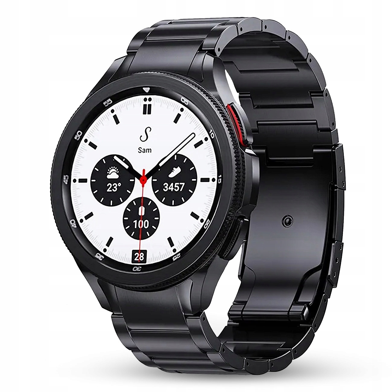 Czarny smartwatch z metalową bransoletą i białym cyfrowym wyświetlaczem.