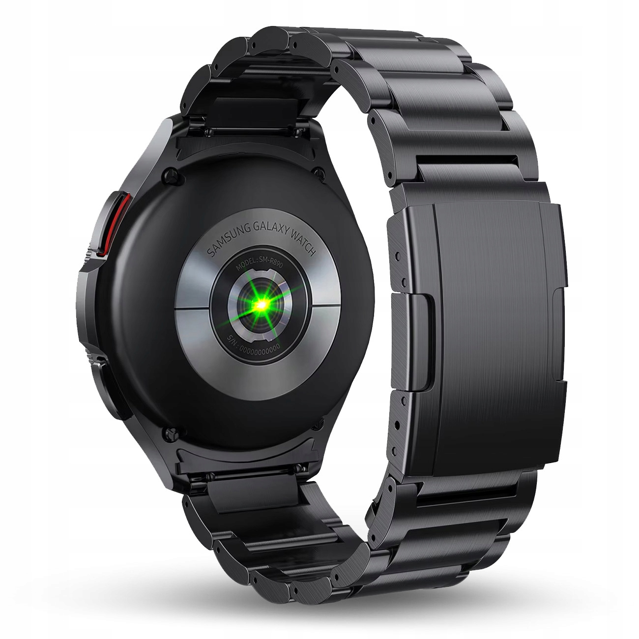 Czarny smartwatch z metalową bransoletą, tył z czujnikami i zielonym światłem.