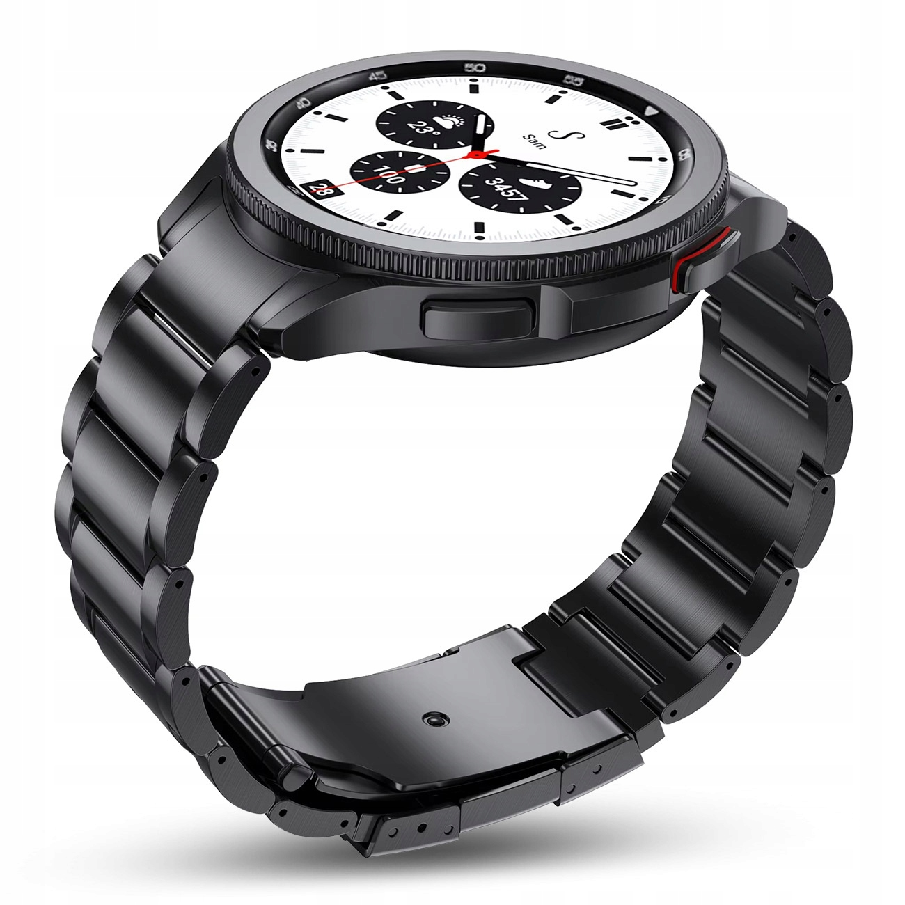 Czarny smartwatch z metalową bransoletą i szczegółową tarczą.