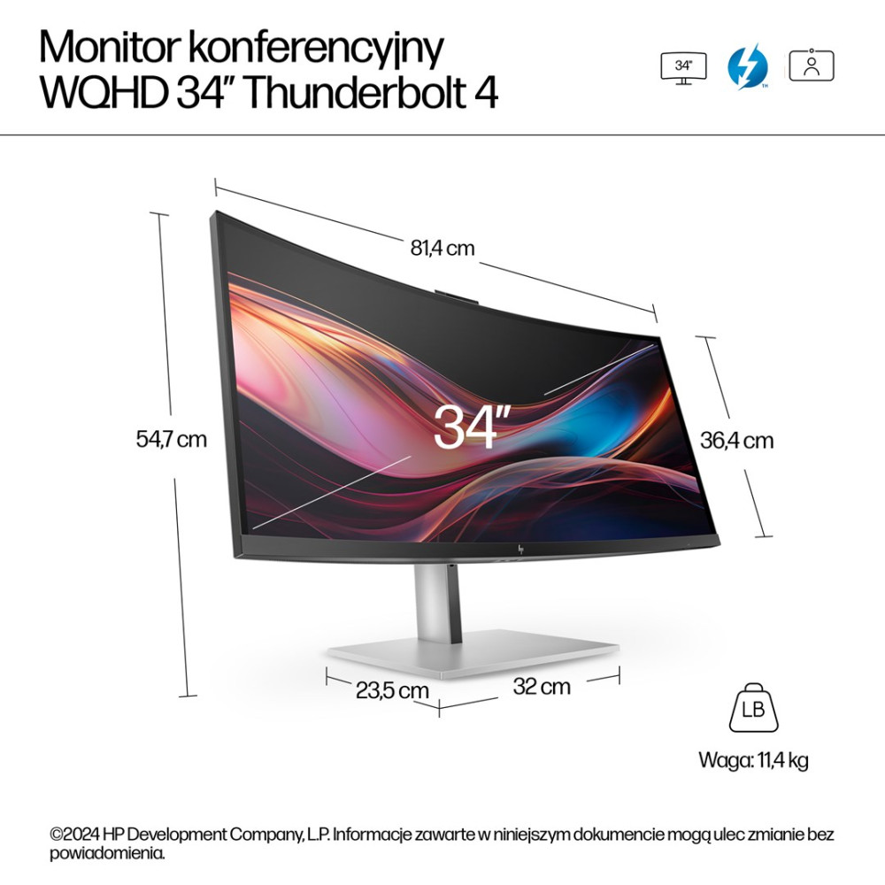 Monitor WQHD 34 cale z Thunderbolt 4, z wymiarami.