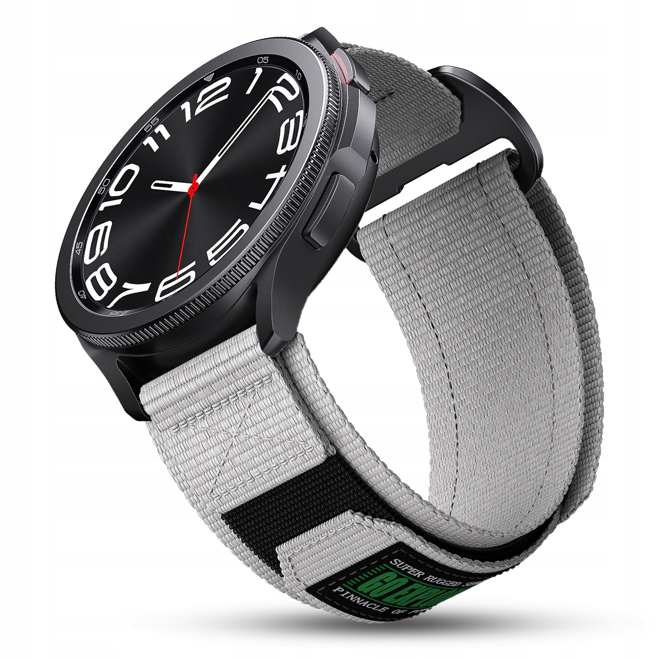 Czarny smartwatch z szarą opaską materiałową i czerwonymi akcentami.