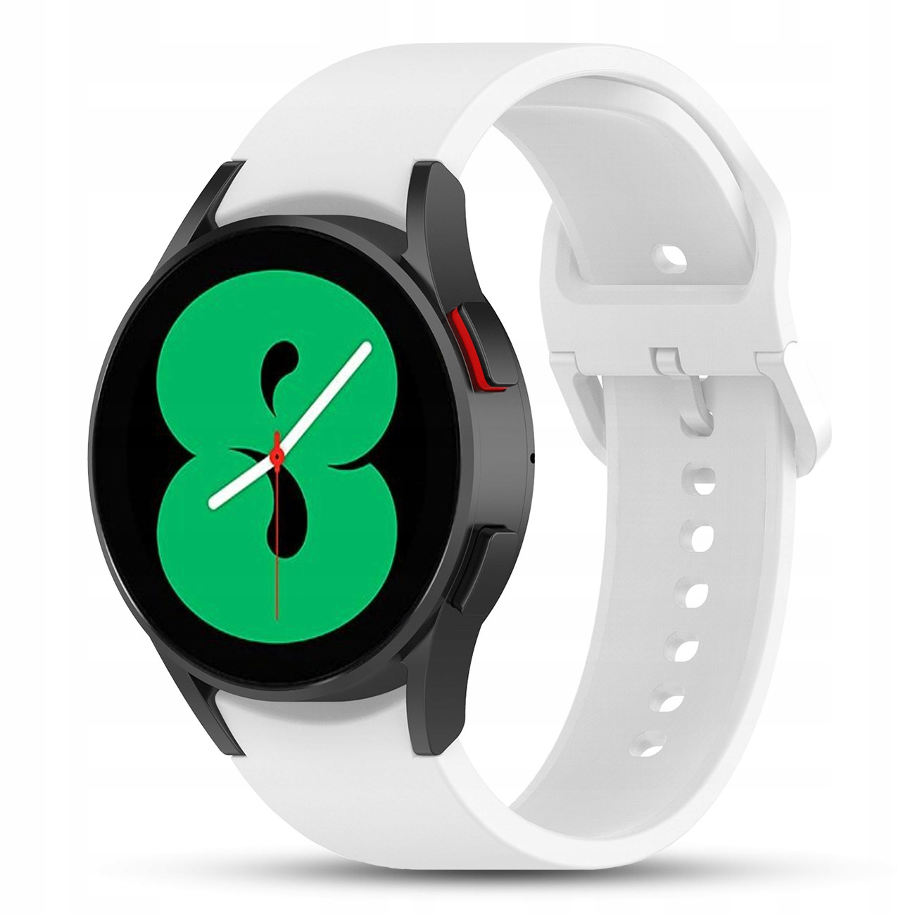 Biały smartwatch z czarną obudową i zielonym cyfrowym wyświetlaczem.