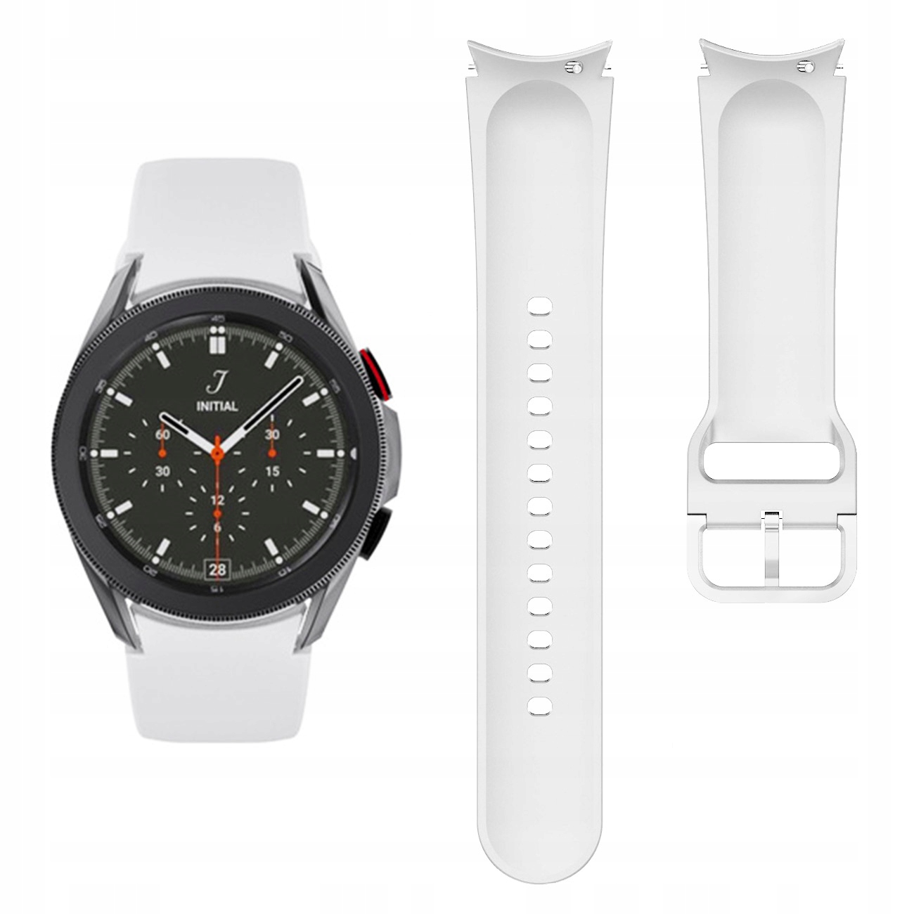 Biały smartwatch z czarną tarczą i dwoma zapasowymi paskami.