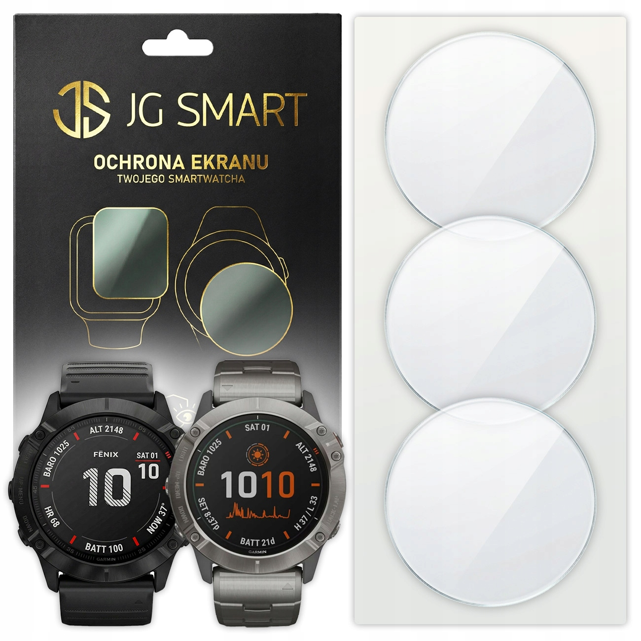 Opakowanie ochraniaczy ekranu smartwatch z dwoma zegarkami i trzema okrągłymi ochraniaczami.