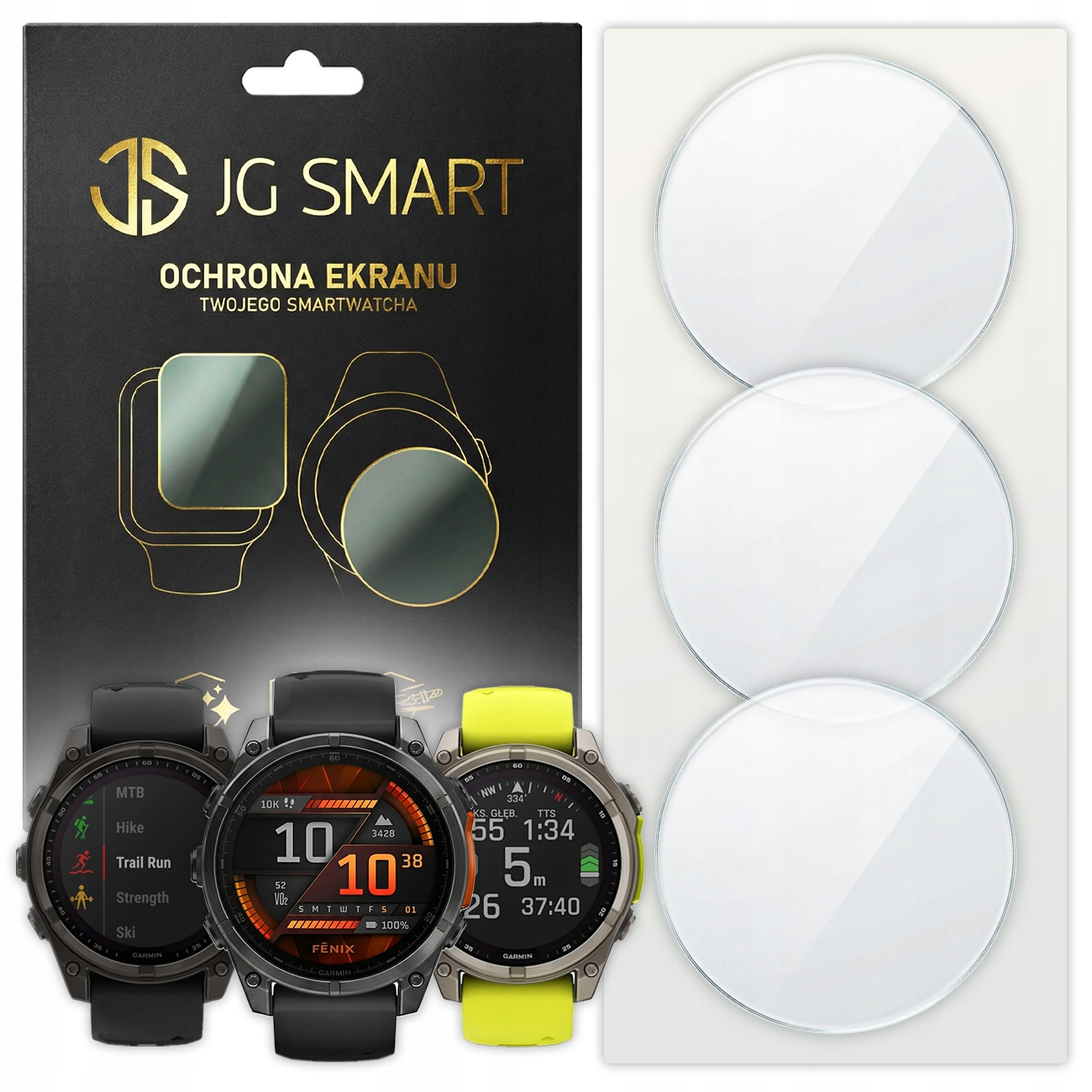 Folie ochronne JG SMART i trzy smartwatche z różnymi tarczami.