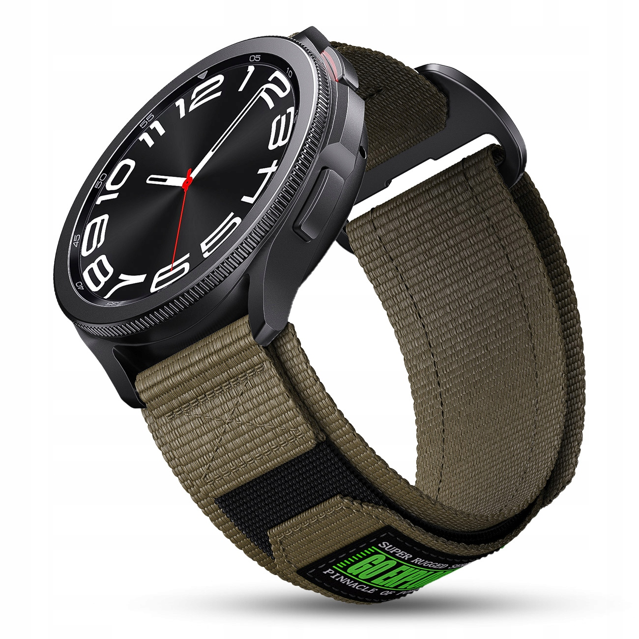 Czarny smartwatch z zielonym paskiem materiałowym i białymi oznaczeniami tarczy.