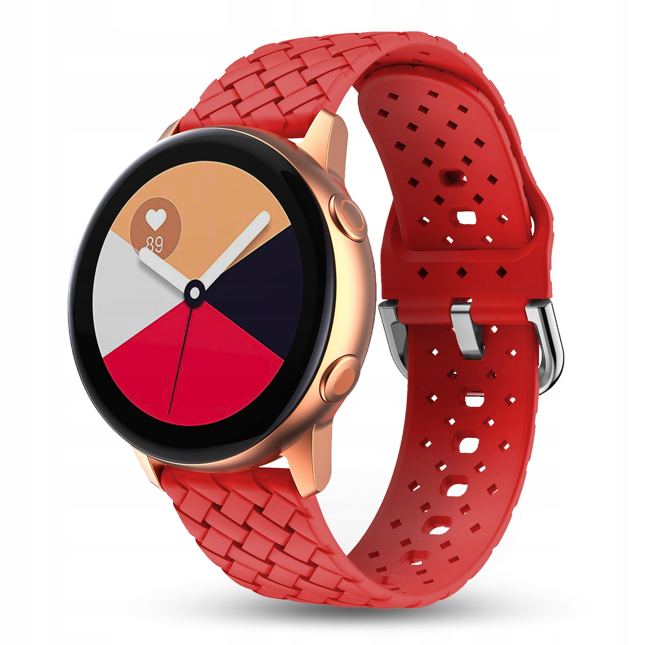 Smartwatch w kolorze różowego złota z czerwonym plecionym paskiem i kolorową tarczą.