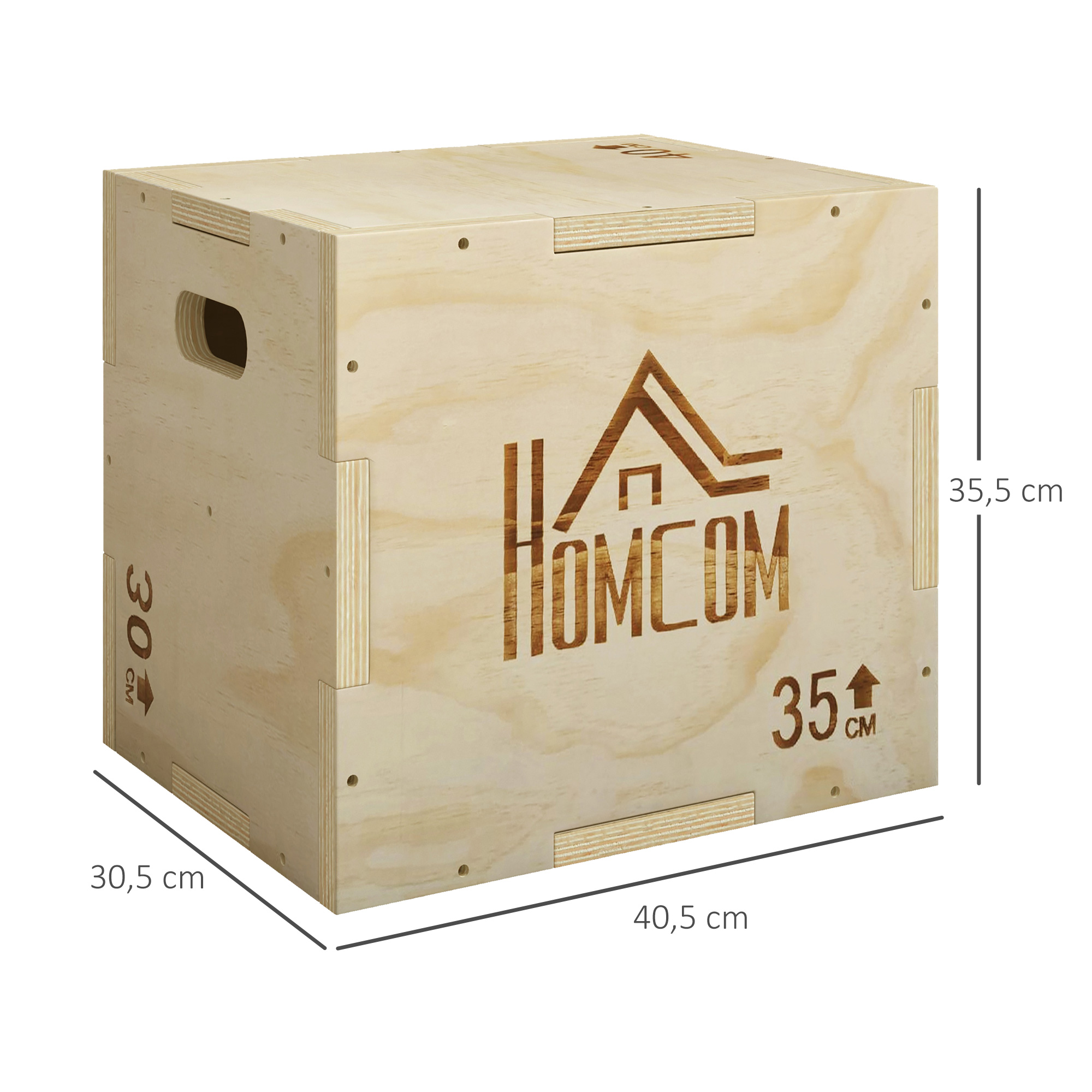 Caja de salto de madera con asas recortadas, dimensiones 40,5x30,5x35,5 cm.