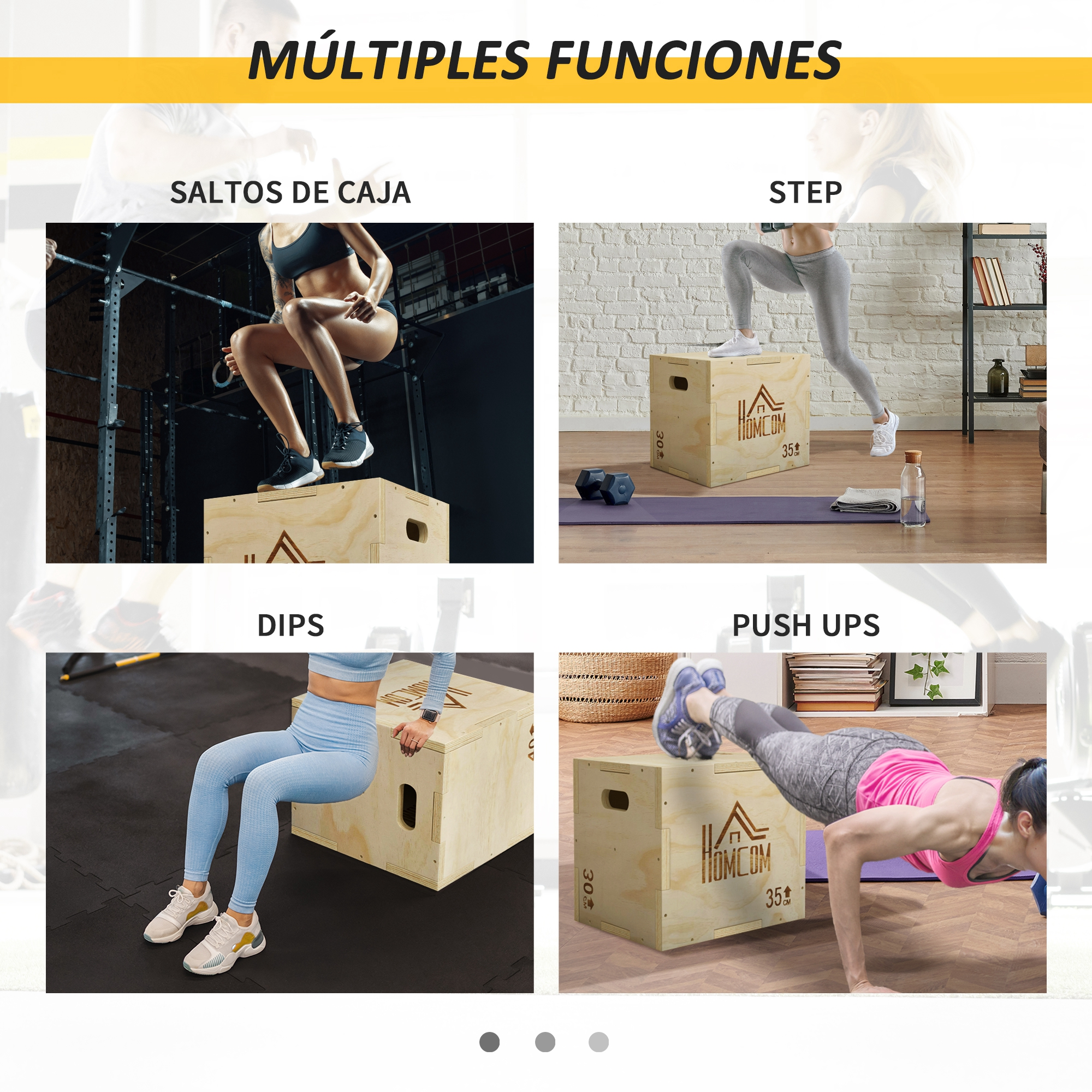 Cuatro ejercicios de fitness con caja: saltos, subidas, fondos y flexiones.