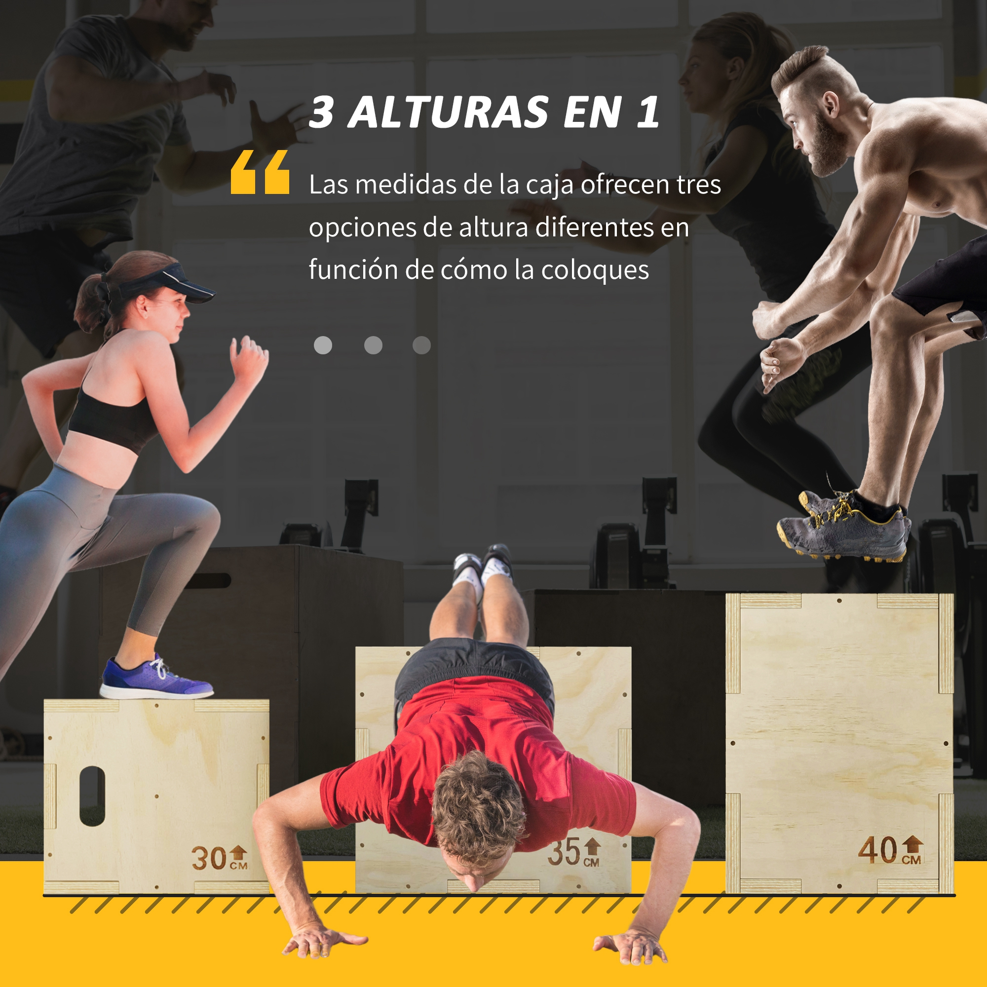 Tres hombres y una mujer entrenan con cajones pliométricos de tres alturas: 30, 35 y 40 cm.