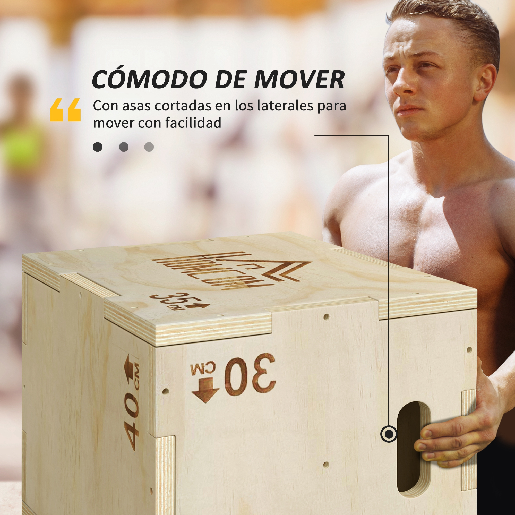 Caja de madera con asas y un hombre. Texto: Fácil de mover.
