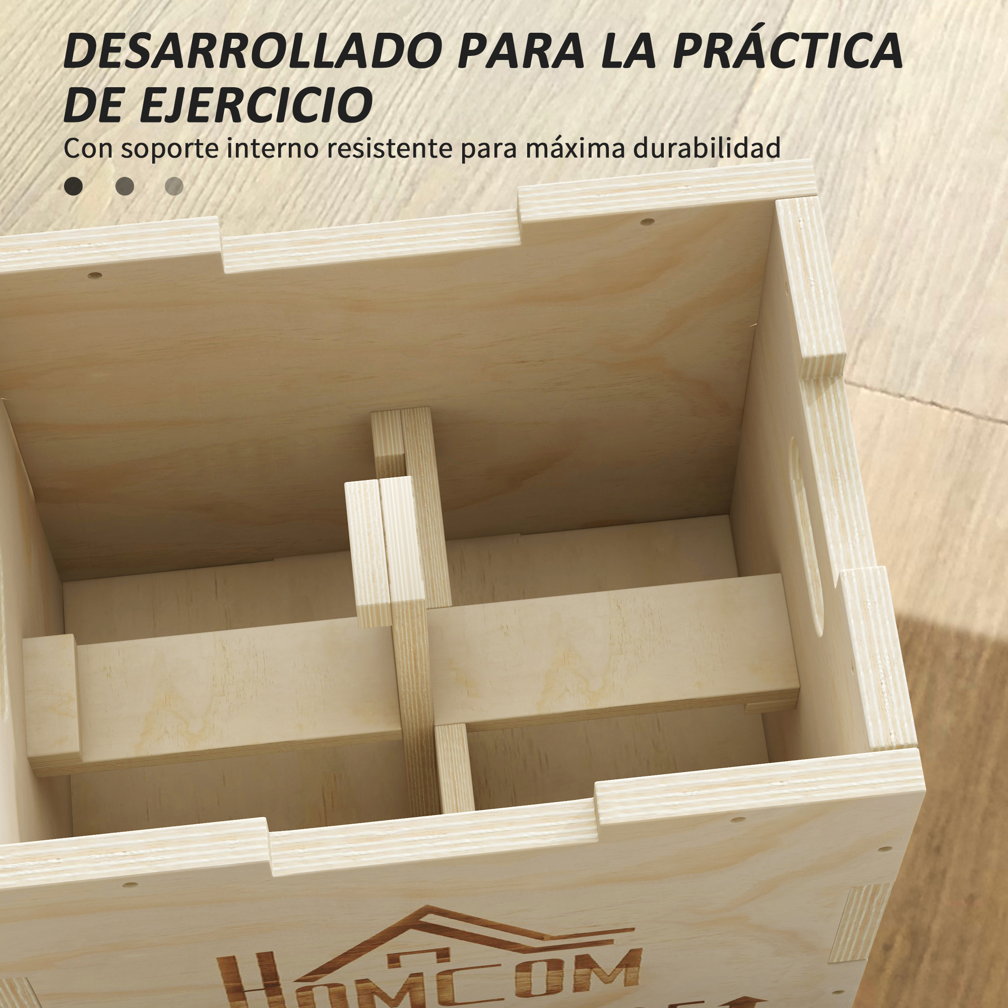 Vista interior de una caja de ejercicio de madera con divisiones internas.