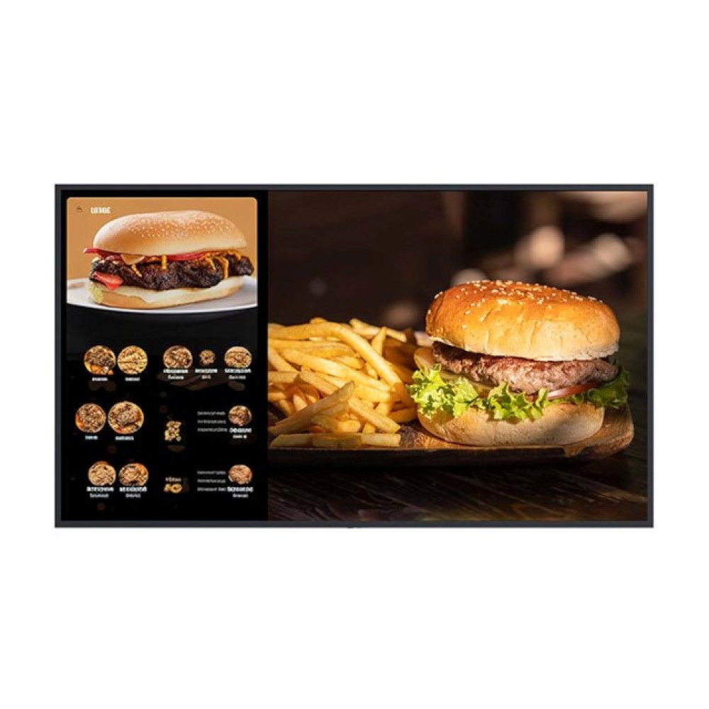 Ekran wyświetla burgery, frytki i opcje menu.