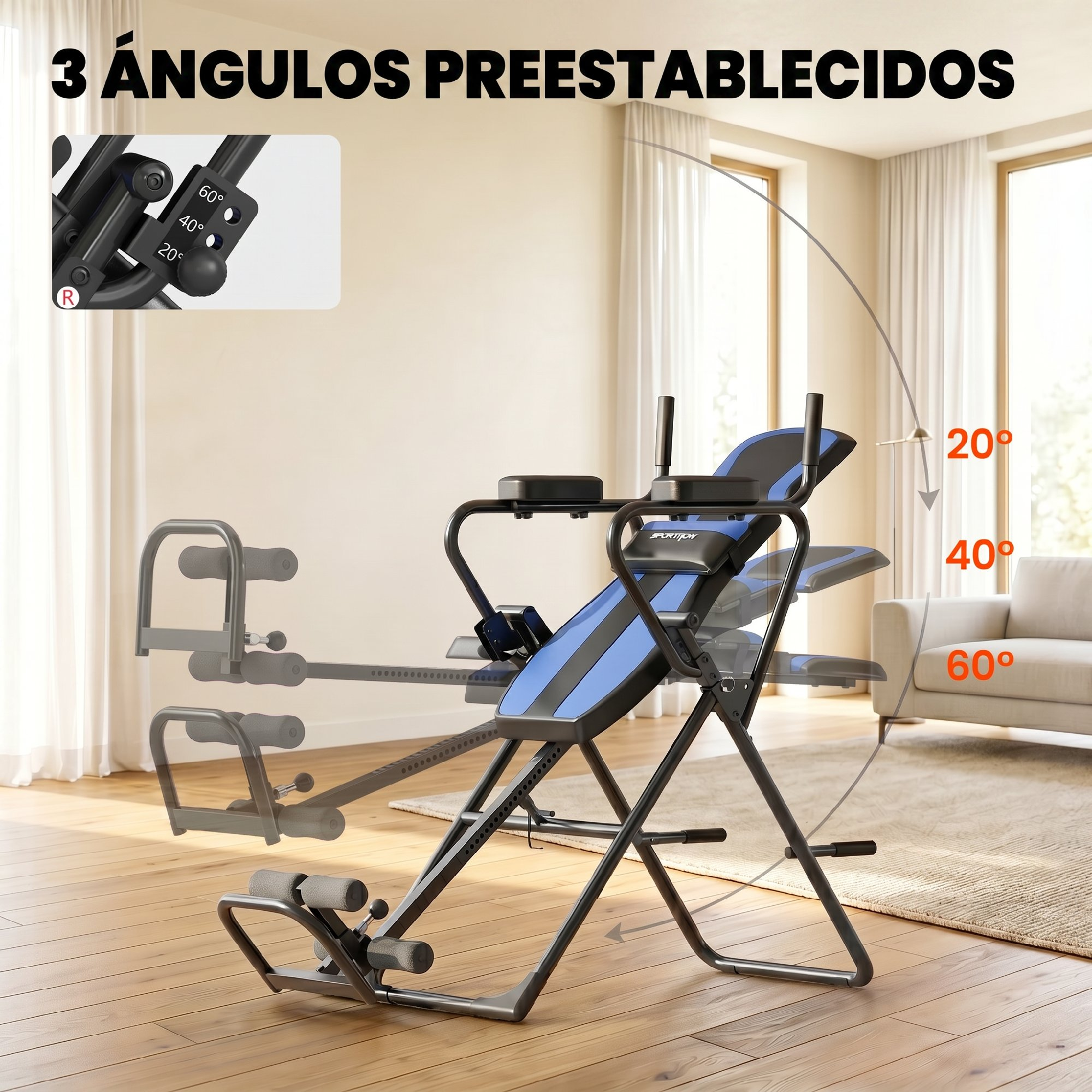 Una mesa de inversión acolchada azul y negra en una sala de estar.
