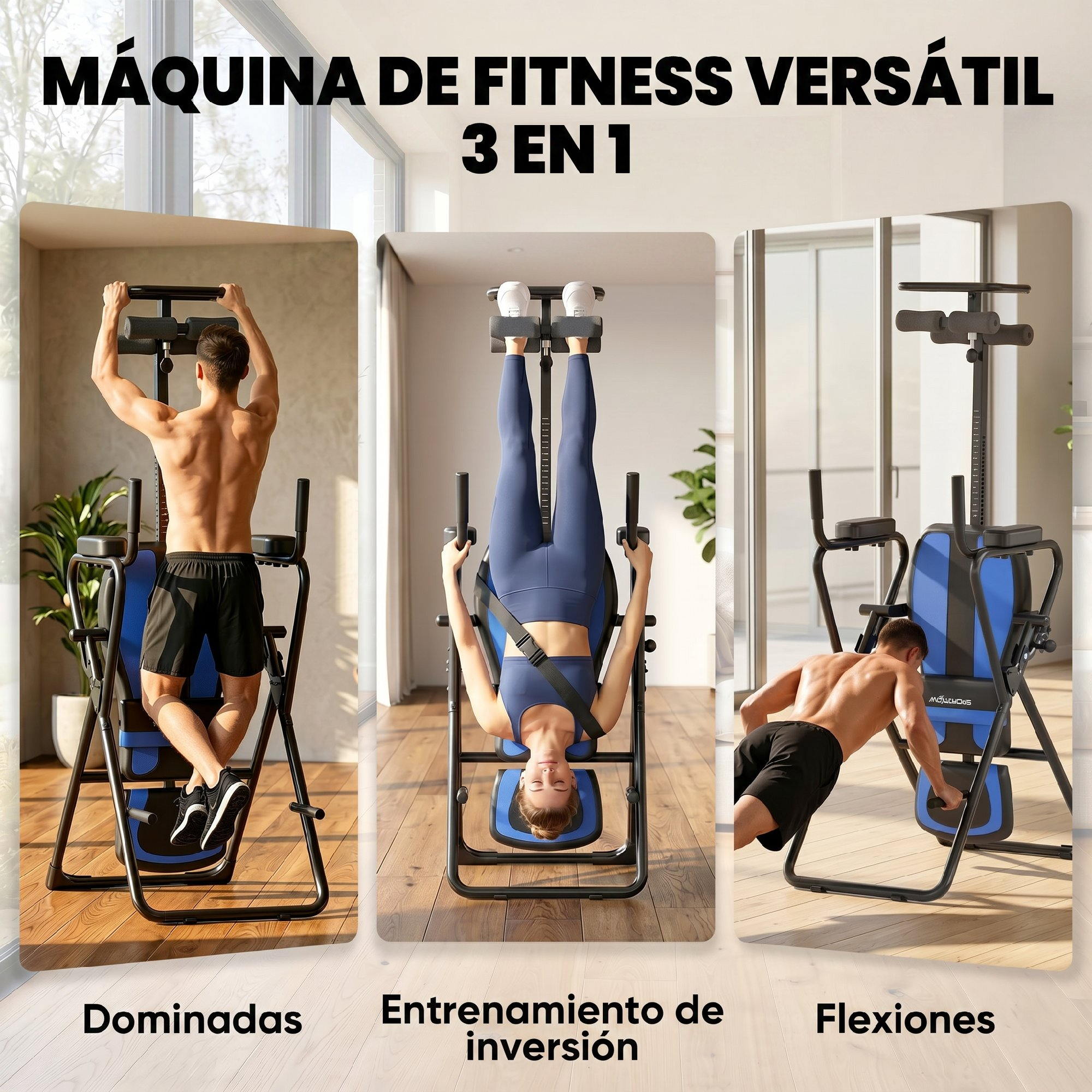 Hombre hace dominadas, mujer colgada boca abajo, hombre hace flexiones.
