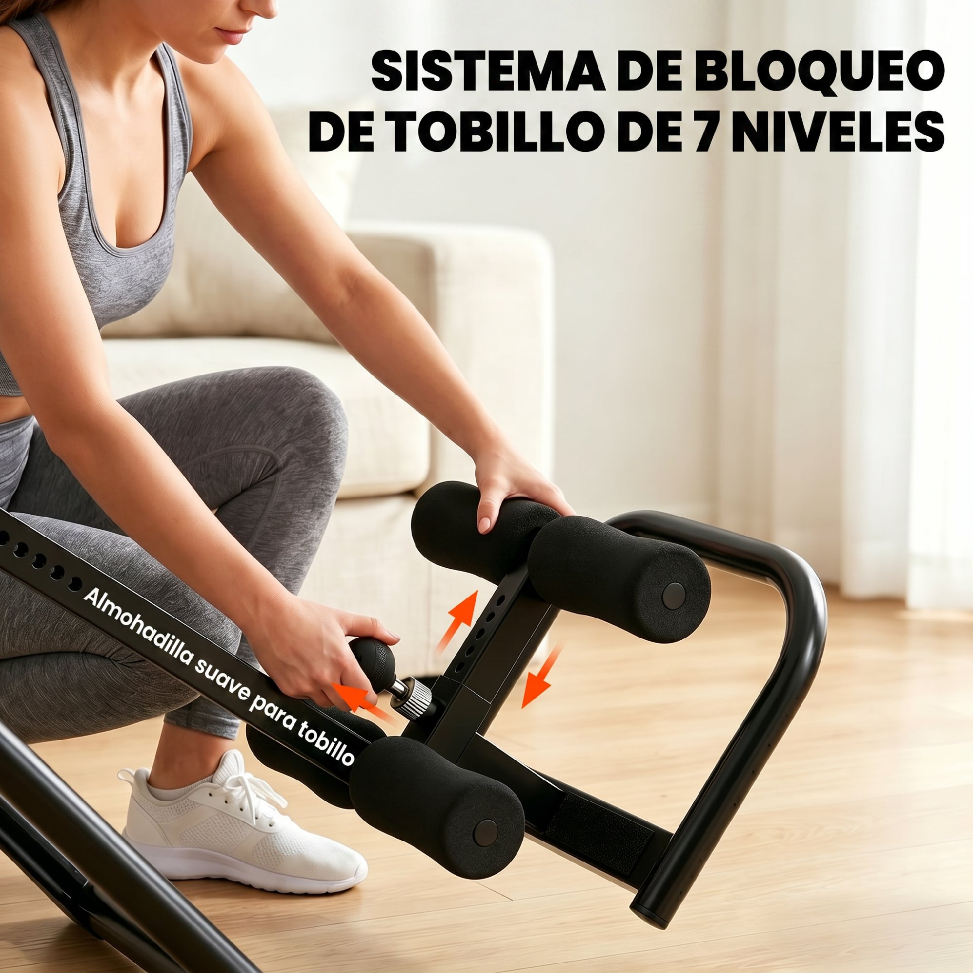 Mujer ajusta aparato de ejercicio negro con soportes acolchados.