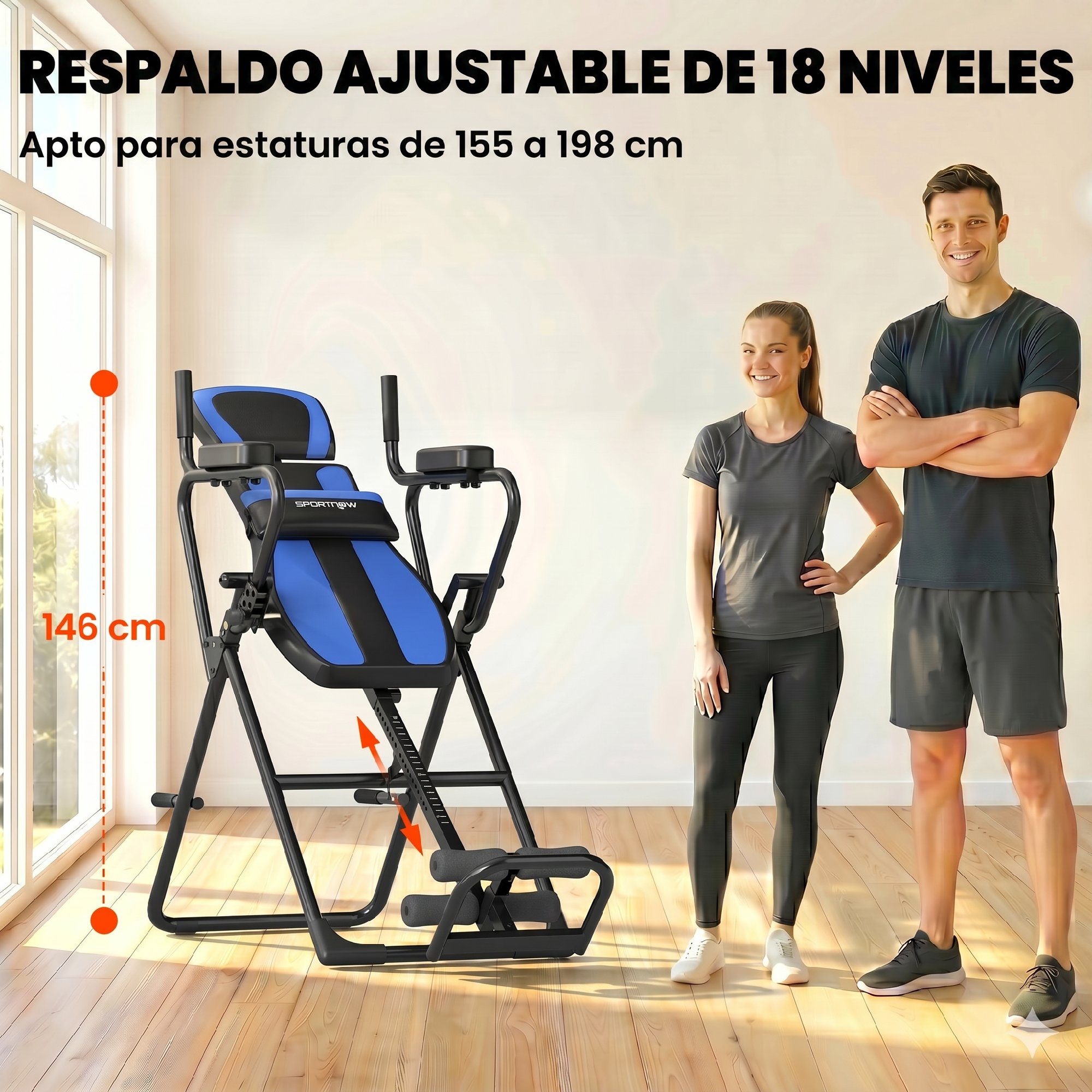 Un hombre y una mujer junto a un banco de inversión azul y negro. El banco es ajustable.