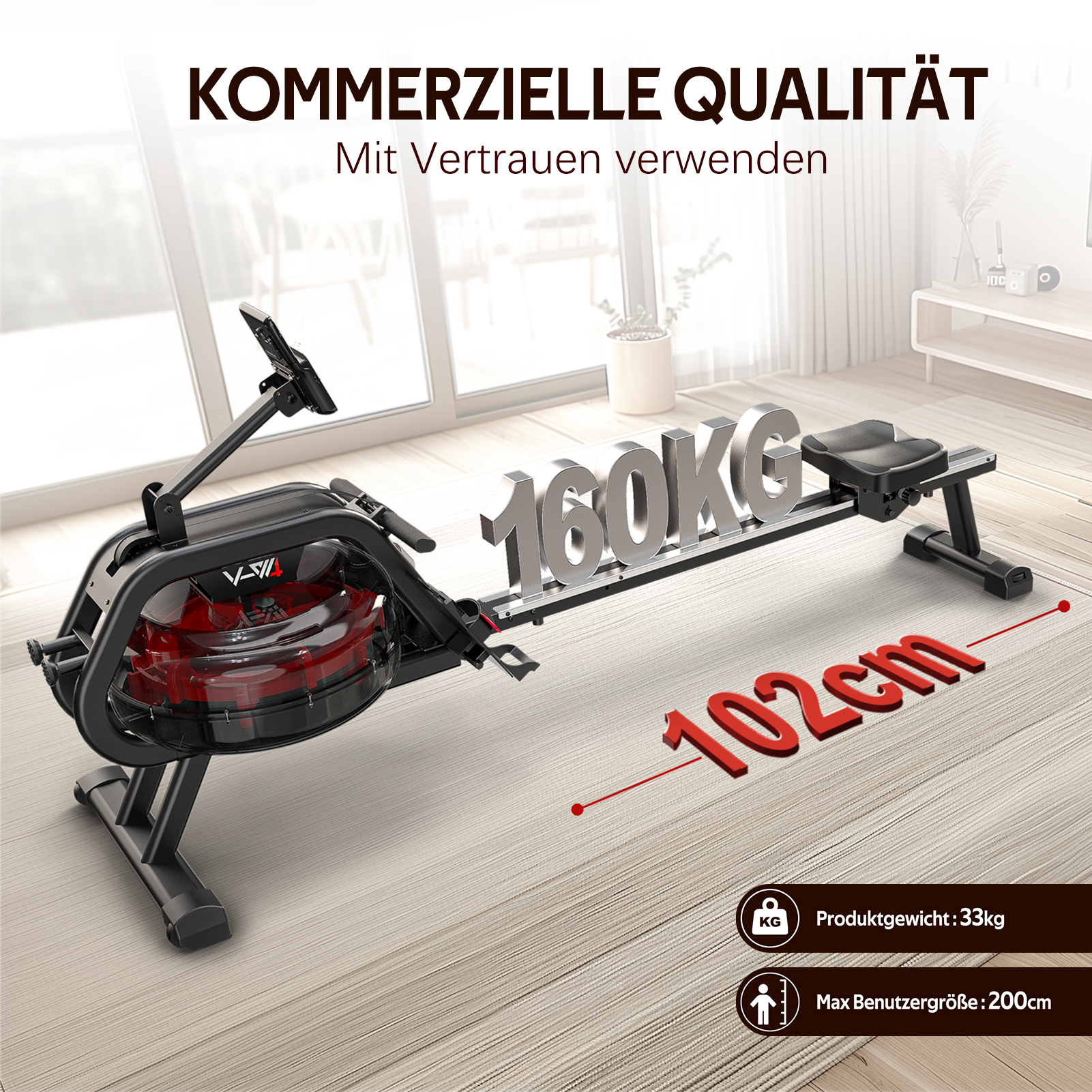 Ein schwarzes Rudergerät mit rotem Wassertank, 160kg und 102cm.