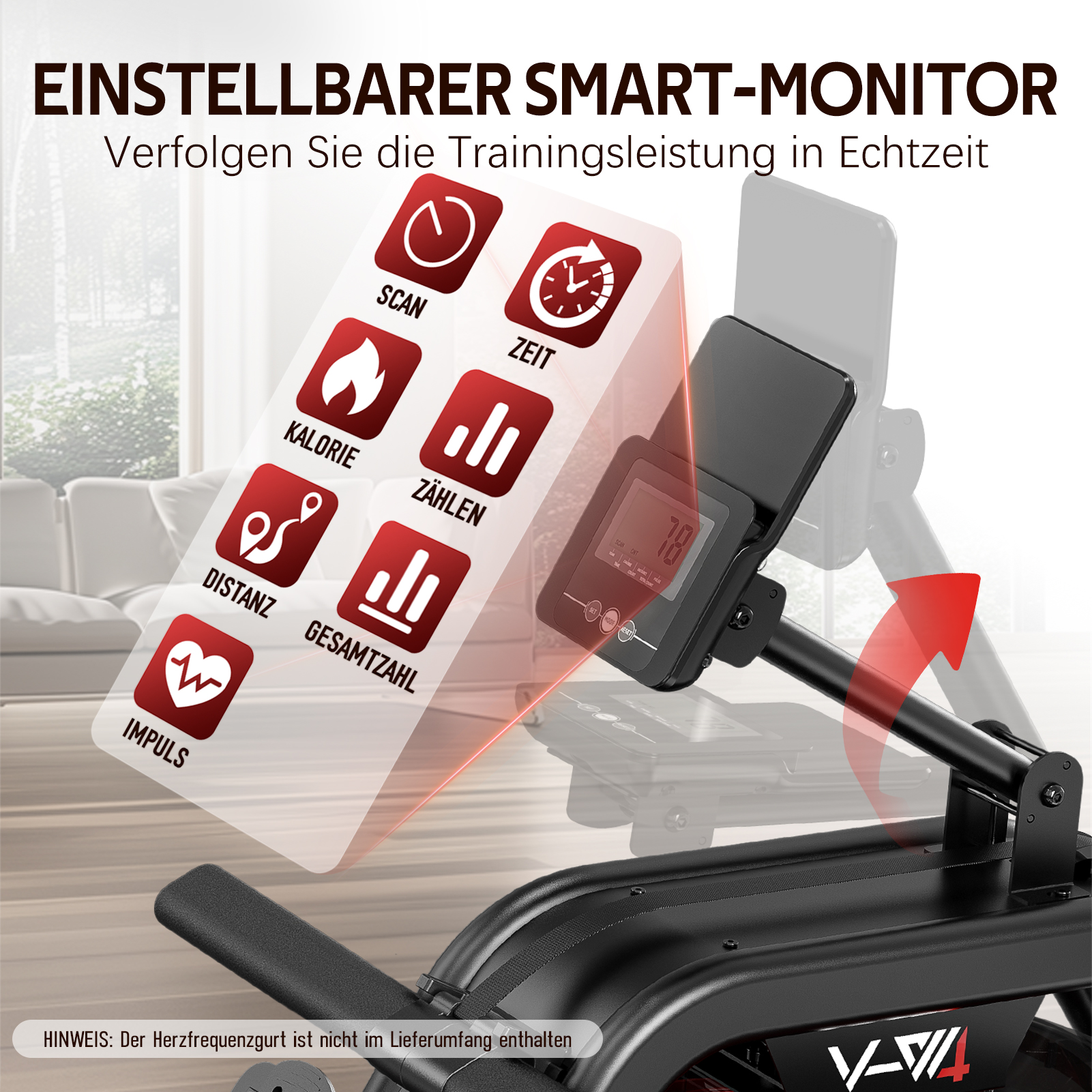 Trainingsmonitor mit Symbolen für Zeit, Kalorien, Distanz, Puls.