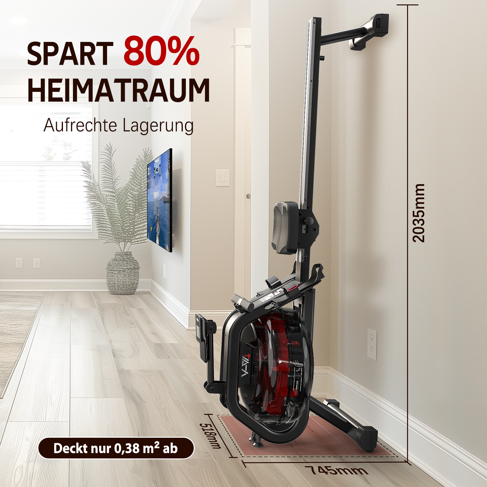 Schwarze und rote Rudermaschine für den Heimgebrauch, vertikal gezeigt. Text: Sparen Sie 80 %.
