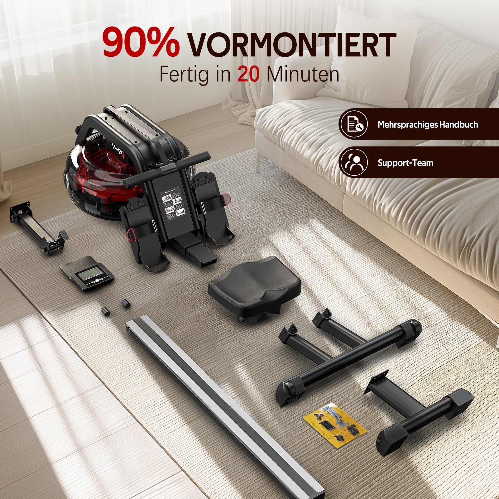 Ein Rower ist zu 90% vormontiert, mit Teilen auf dem Boden.